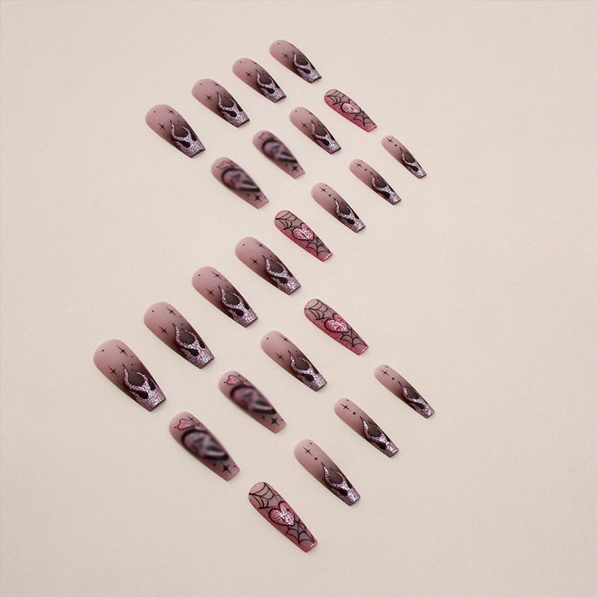 Halloween Press on Nails Long Coffin Fake Nails with Designs Cute Ghost False Nails Heart Flame Spider Skull Glue on Nails Full Cover Suqare Artificial Acrylic Stick on Nail for Women Girls 24 Pcs