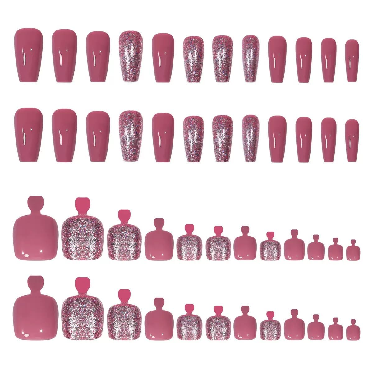 CTTHNBD Pink Press on Nails & Square Press on Toenails Set, Medium Coffin Fake Nails with Glitter Design - for Women 48 Pcs