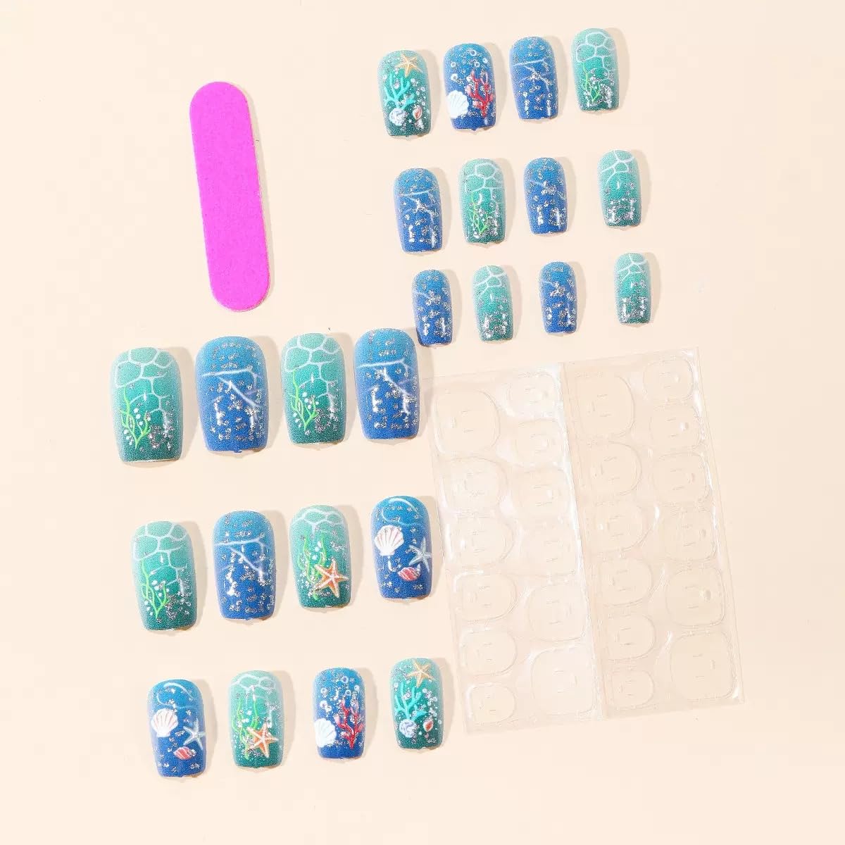 CTTHNBD Medium Press on Nails Square - Summer Fake Nails with Starfish Shell Design - Ombre Blue False Nails for Women 24 Pcs