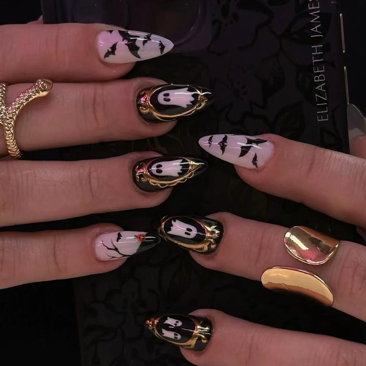 Halloween Press on Nails Short Fake Nails with Ghost Bat Design Almond Nails Glitter False Nails Halloween Full Cover Cute Stick on Nail for Woman Tool Kit Nail 10pcs (MT-151-M)