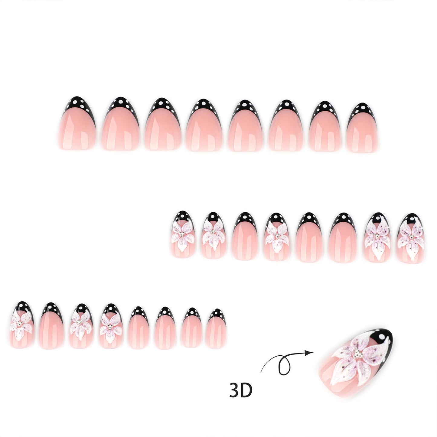 Spring Polka Dot Press on Nails Short Almond Fake Nails with 3D Lily Flower Design Black French Tip False Nail Glossy Full Cover Stick on Nail For Women Manicure 24 Pcs