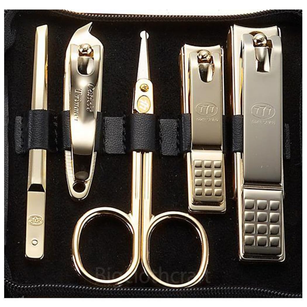Korean Nail Clipper! World No. 1 Three Seven (777) Travel Manicure Grooming Kit Nail Clipper Set Gift Set Premium Nail Clipper Set (10 PCs), Made in Korea, Since 1975. (Gold-Red Case)