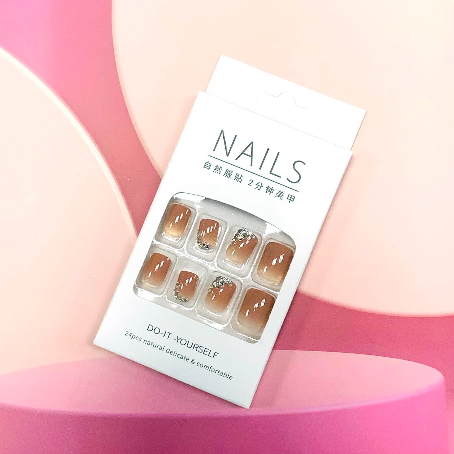 Vezocim Press on Nails Short Square-24Pcs Glossy Full Cover Acrylic Rhinestone False Nails with Gradient Designs Artificial Extra Short Square Fake Nails with Glue Stick on Fingernails for Women Girls