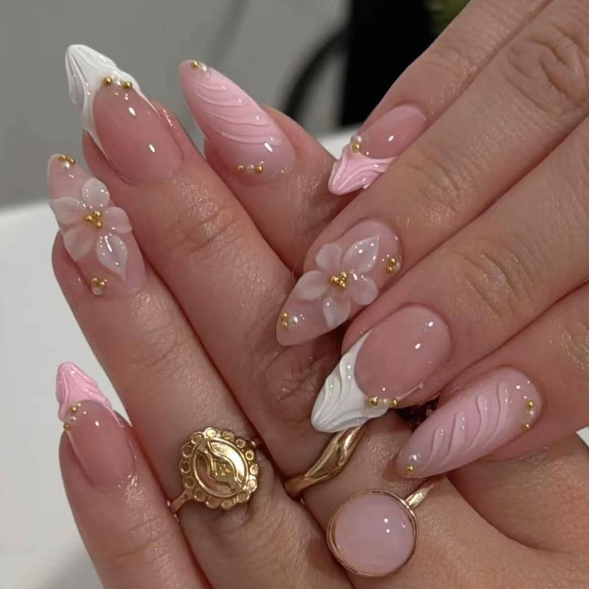 Handmade French Tip Press on Nail Almond Fake ons with Designs Chrome False Nails Long Glossy Full Cover Glue on Nails Stick Women Nails Manicure Decoration 10Pcs (MT-169-S)