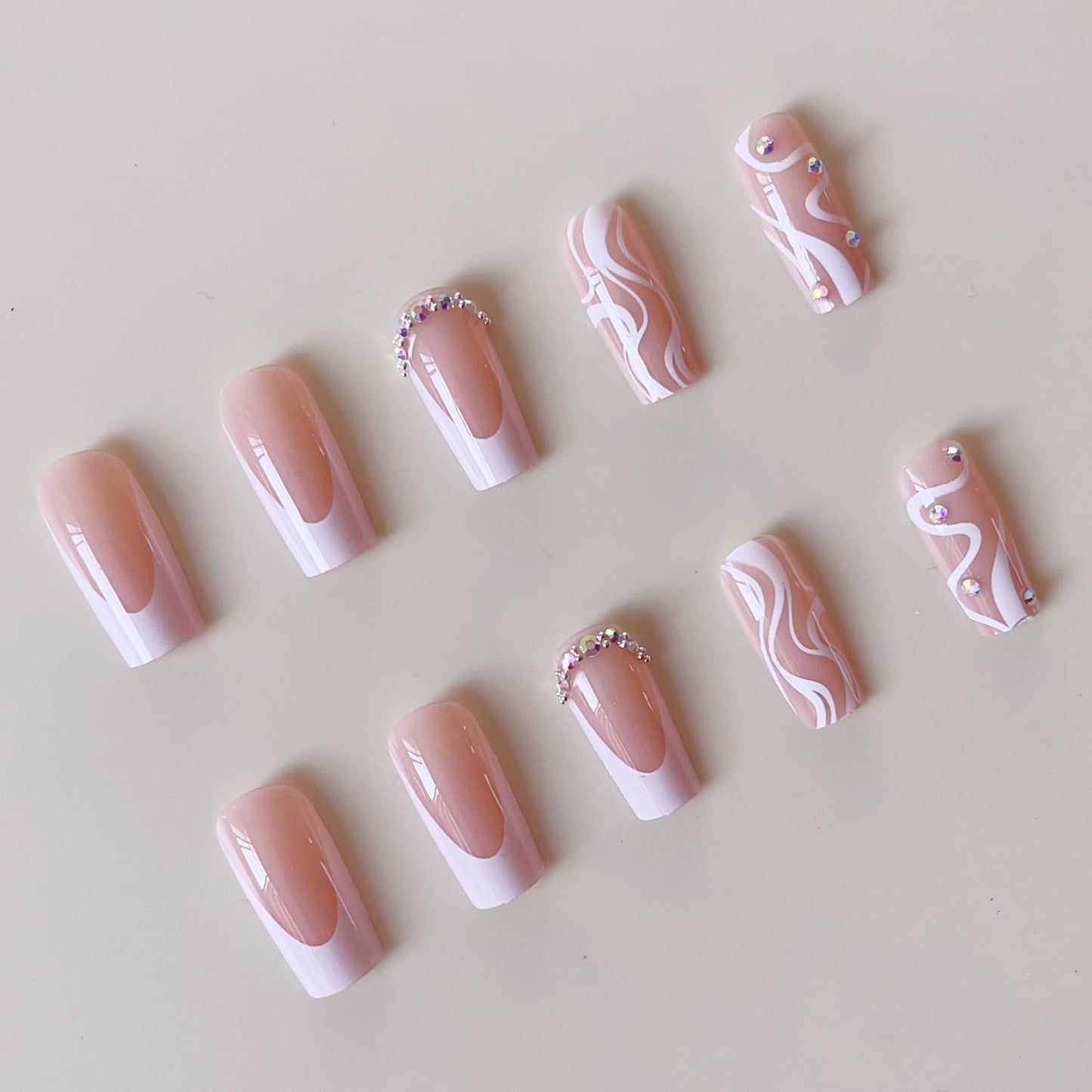 Medium Long Press on Nails White French Tip Fake Nails Square Medium Length Rhinestone Pink Designs Glitter V-shaped French False Nail Tips Artificial Nails Finger Manicure for Women and Girls-24pcs