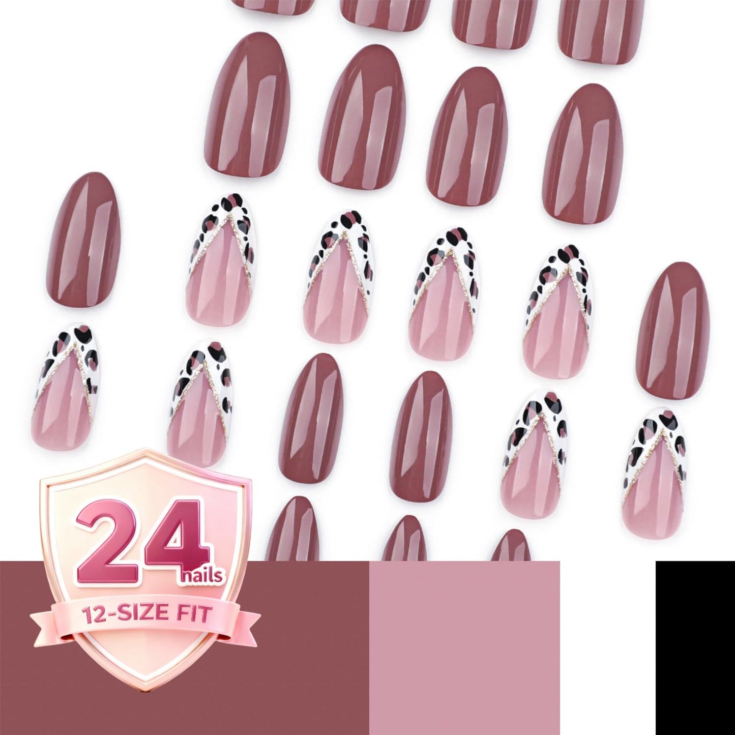 Press On Nails Medium Almond, Glossy Brown Pink Fake Nails with Leopard French Tip Design, Elegant Trendy False Nails for Women, 24PCS Reusable Nail Set