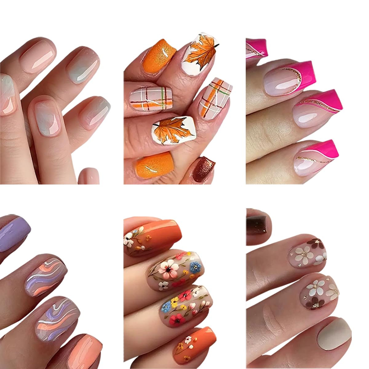 6 Packs (144 Pcs) Press on Nails Short Square Fake Nails Flower False Nails with Designs Spring Summer Floral Glue on Nails Full Cover Glossy Acrylic Stick on Nail for Women Manicure