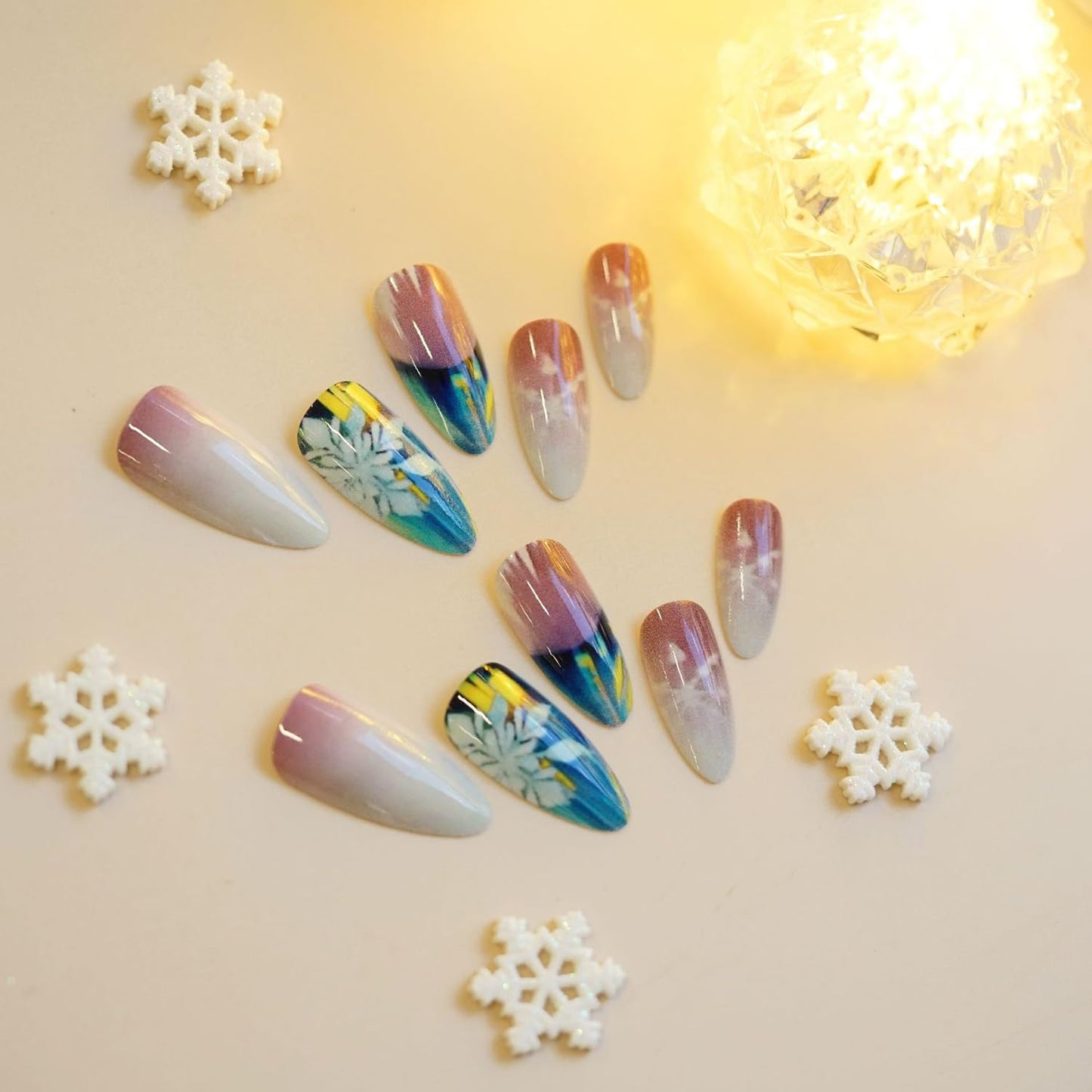 CJDLTS Christmas Press on Nails Long Almond Artificial Acrylic Fake Nails French Tip False Nail Gradient Snowflake Stick on Nail Full Cover Winter Artificial Fingernails for Women Festival Manicure