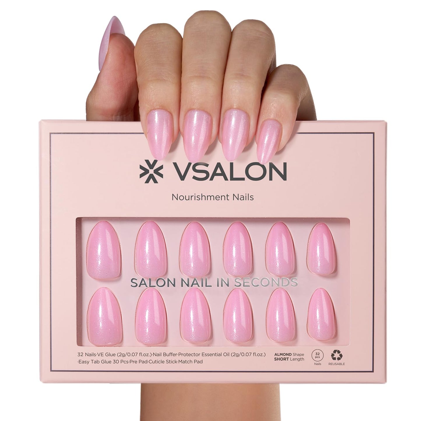 VSALON Press On Nails Short Almond - Pink Shimmer Pearl Fake Nails Kit for Women, Reusable Opaque Spring Summer Glue on Nails with Cuticle Oil - 32 Pcs with 16 Sizes