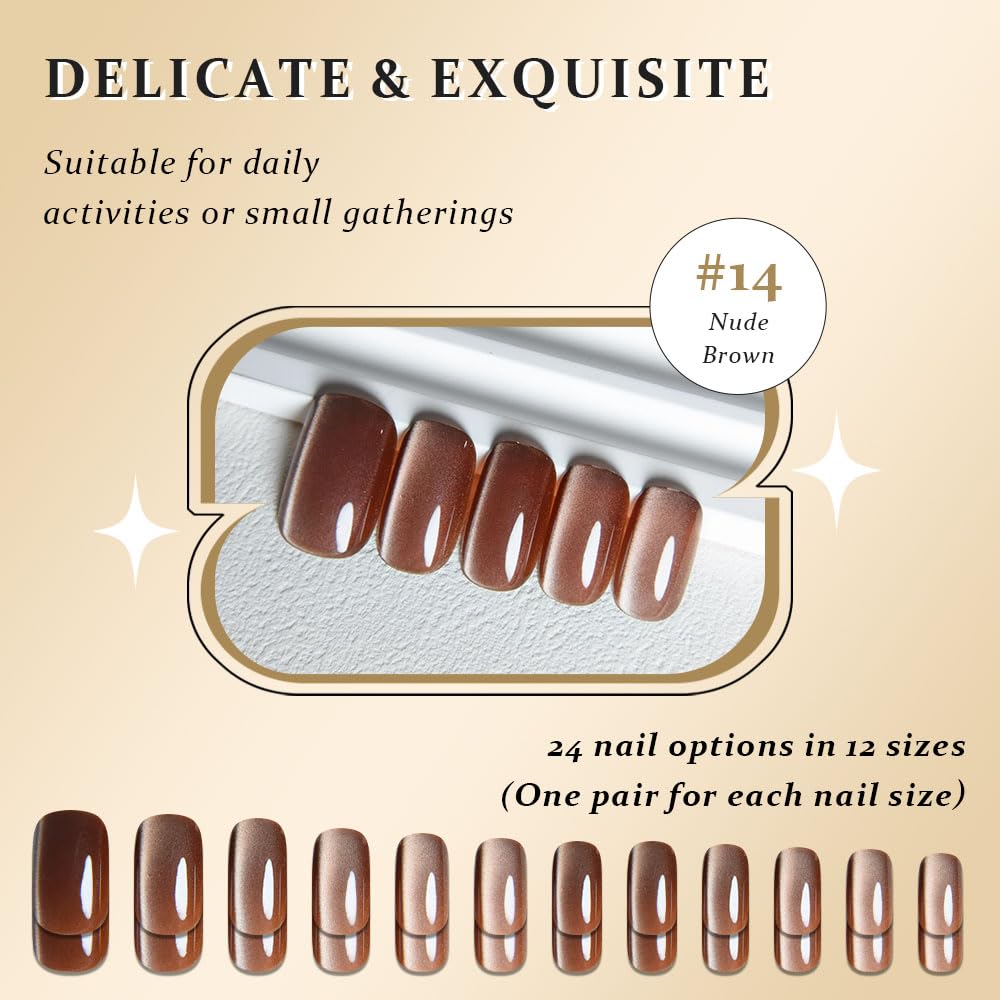 XZMeiLun Brown Press On Nails - Cat Eye Medium Square Magnetic Acrylic Fake Nails, Stylish Design, Salon-Quality Shiny Finish, Reusable Stick On Nails Kit for Women, Daily Wear (No Glue Included)