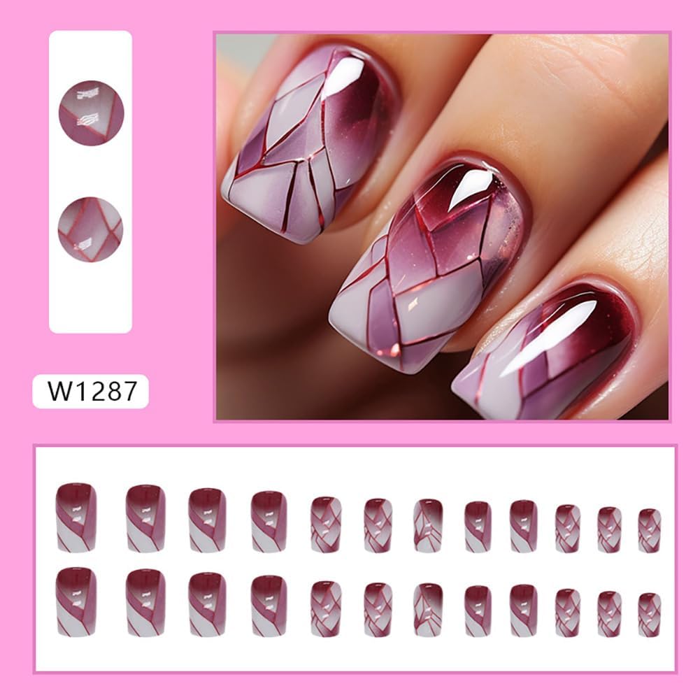 24Pcs Square Press on Nails Medium Fake Nails with Glossy Full Cover False Nails and Wine Red Broken Glass Pattern Acrylic Nails Square Glue on Nail for Women Manicure