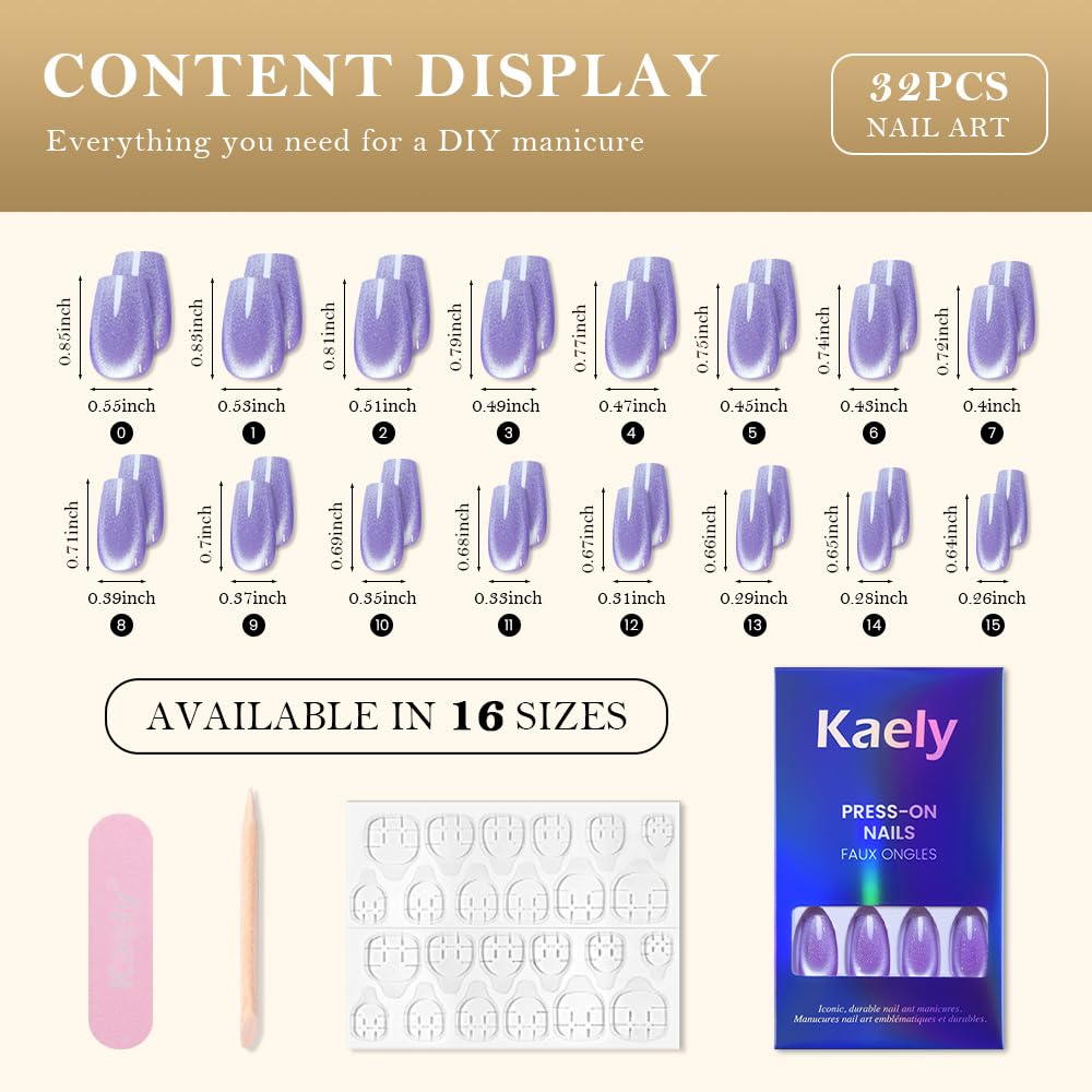 evpct Violet Purple Cat Eye Coffin Press on Nails Medium Square No Glue, Medium Square Stick on Nail for Women, Purple Metallic Glitter Glossy Reusable Soft Press on Acrylic Fake Nail with Designs
