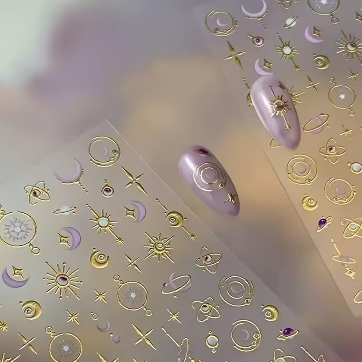 Star Moon Nail Stickers 5D Embossed Golden Planet Nail Art Decals 1PCS Purple& Golden Sun Stars Moons Planets Design 3D Self-Adhesive Nail Art Decorations Supplies Manicure Sliders for Women Girls