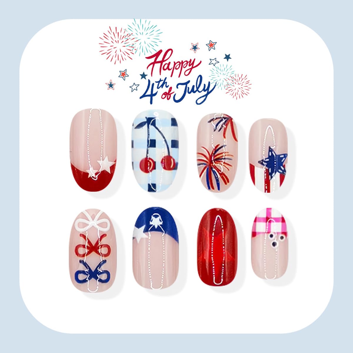 24 Pcs Independence Day Press on Nails Short Almond WLGDLH July 4th Fake Nails, French Tip False Nails with Star Bow Fireworks Design, Short Oval Glue on Nails for Women Manicure, Glossy Finish