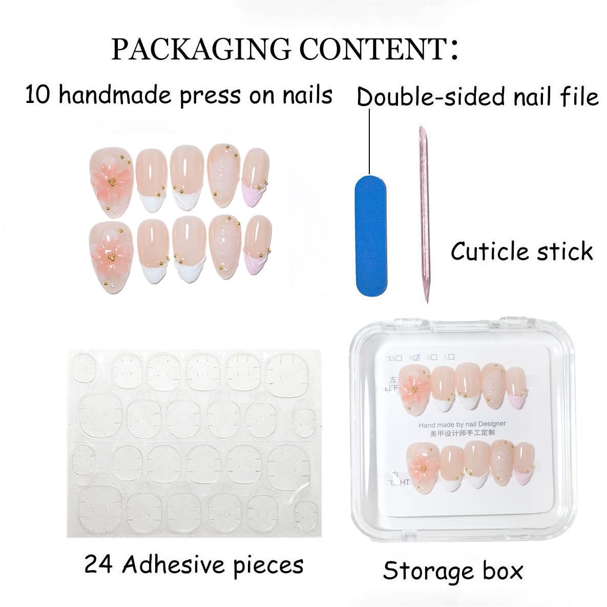 10 Pcs Short Almond Handmade Press On Nails | 3D Pink Floral & French Tip, Pink Swirl & Gold Dot Accents| Skip Salon Trips, Easy to Apply & Remove, Reusable (RR09, S)