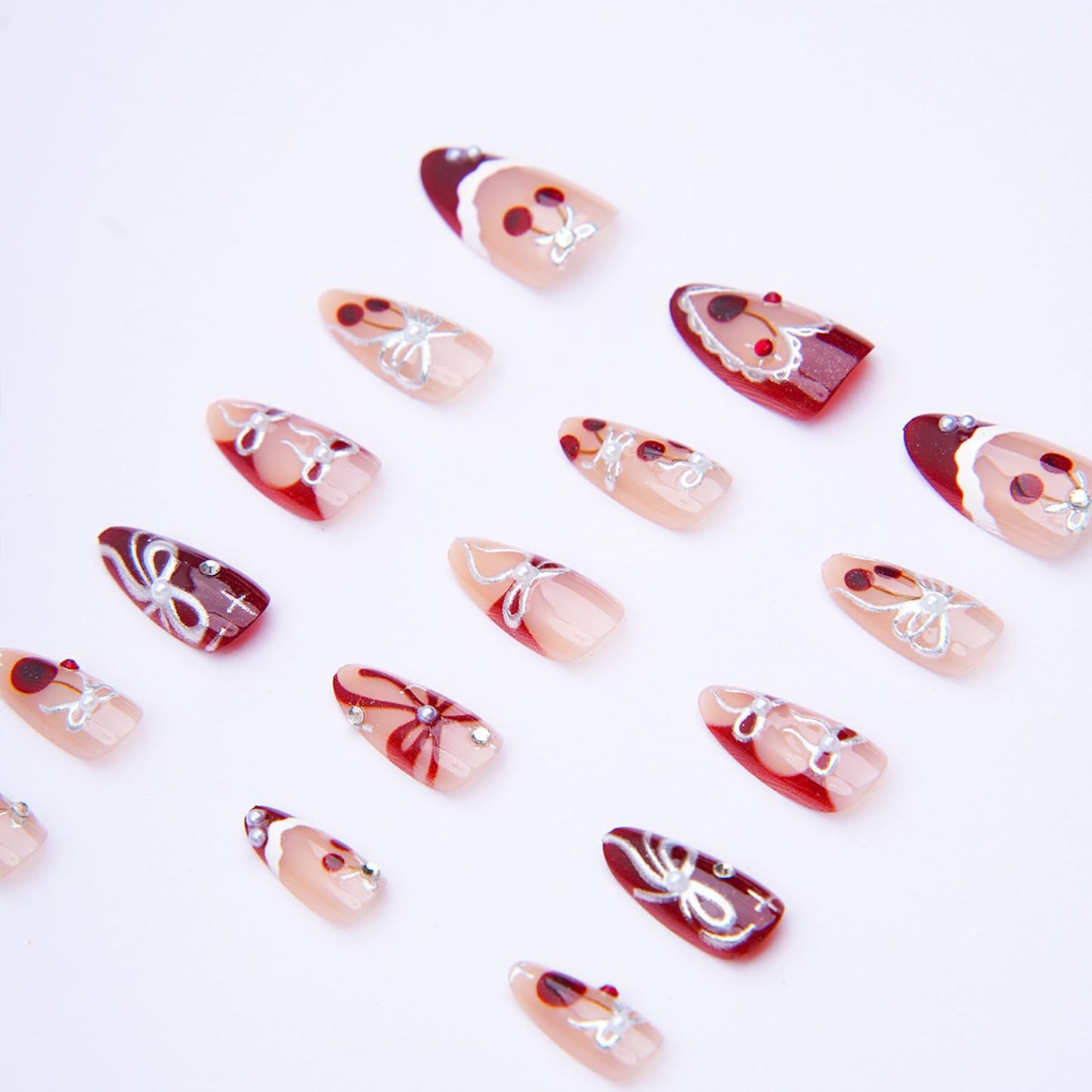 30Pcs French Tip Press on Nails with Charms Medium Almond Fake Nails with Cherry Rhinestone Designs French Nails Press ons Cute Bow Pearl Stick on Nails Almond-Shaped Acrylic Nails for Women