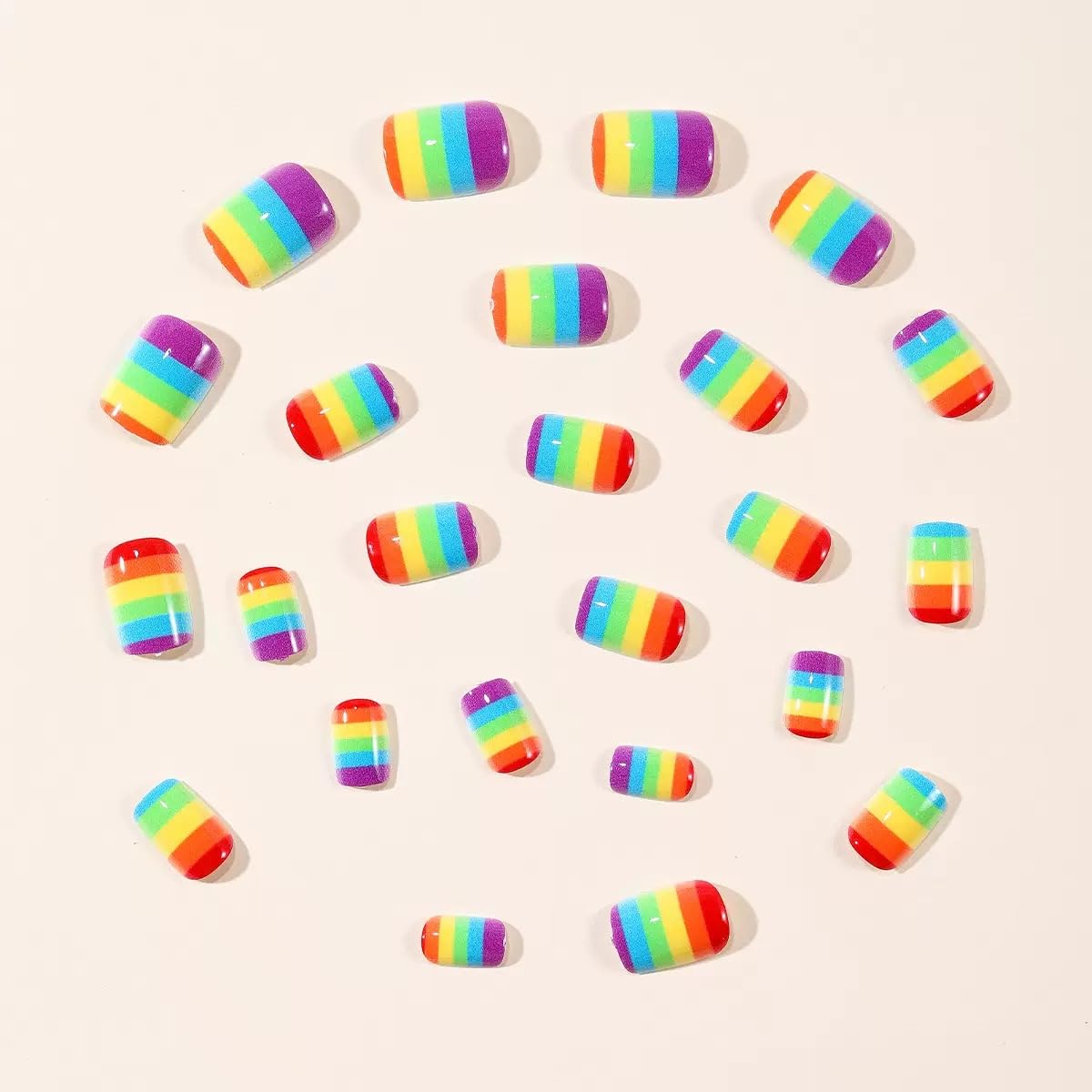 CTTHNBD Press on Nails Square - Short Fake Nails with Rainbow Stripes Design - Colorful False Nails Press ons - for Women 24 Pcs