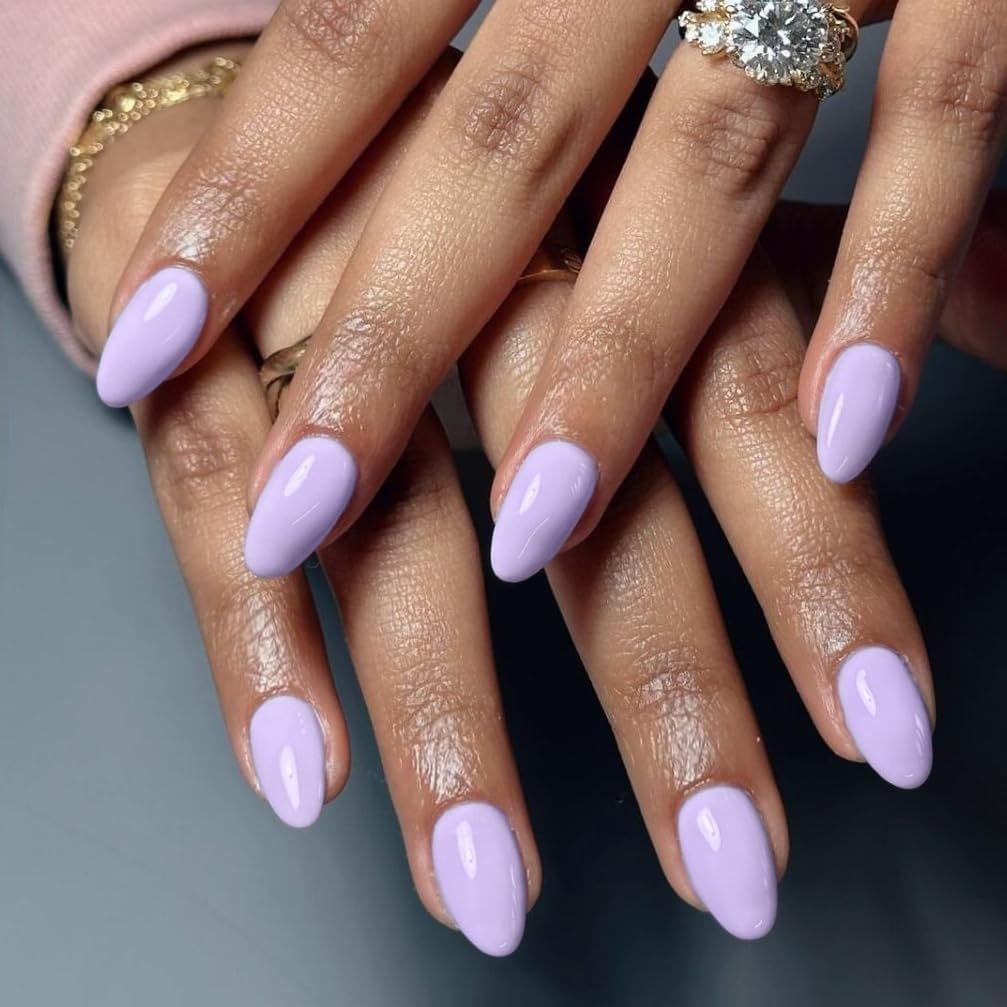 KQueenest Upgrade Thick Acrylic Press on Nails Short Oval, Classic Lilac Fake Nails for Women Daily Wear, Gel-Like Acrylic Nails Press on Short Almond, Natural Fit Reusable Glue on Nails in 24 Pcs