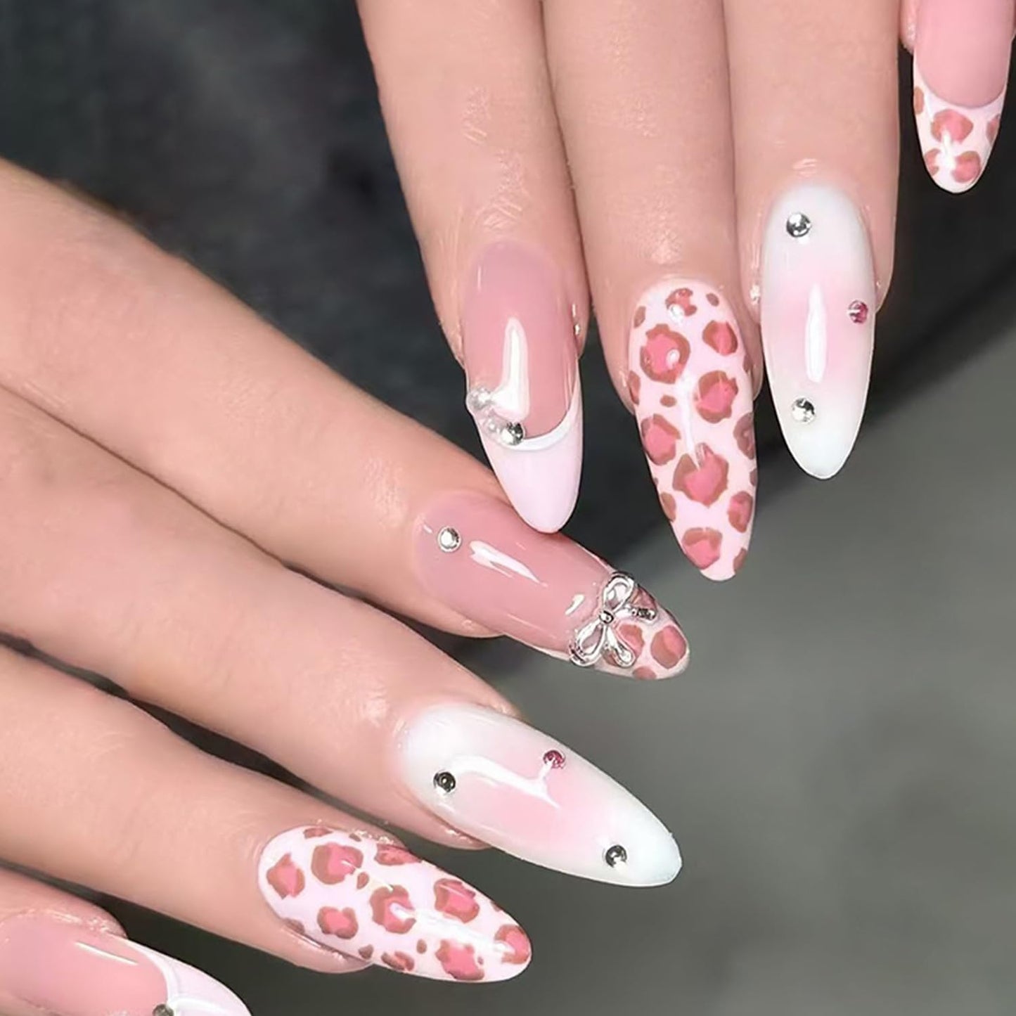 Nude Pink Press on Nails Medium Almond Artificial Acrylic French Tip Fake Nails Pink Leopard Print with Silver Bow Rhinestones Stick on Nail Artificial Fingernails Press Ons Nail for Women Manicure