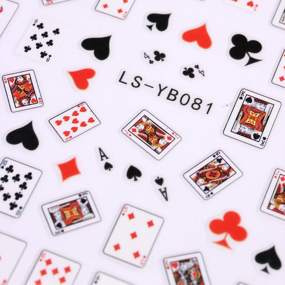 SIMAYKUWA 3D Self-Adhesive Nail Stickers - Poker Theme with Hearts & Diamonds, Trendy Fashion Nail Art Designs for Women A Set of 2 Sheets