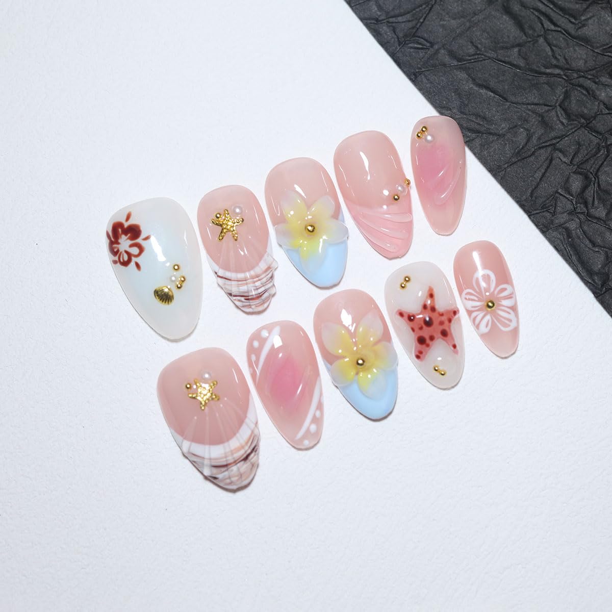 10Pcs Short Almond Handmade Press On Nails | Easy Apply & Remove, Reusable Salon Quality Nails | Fresh Nude Pink Fake Nails with 3D Floral, Starfish & Seashell Accents (RR08, M)