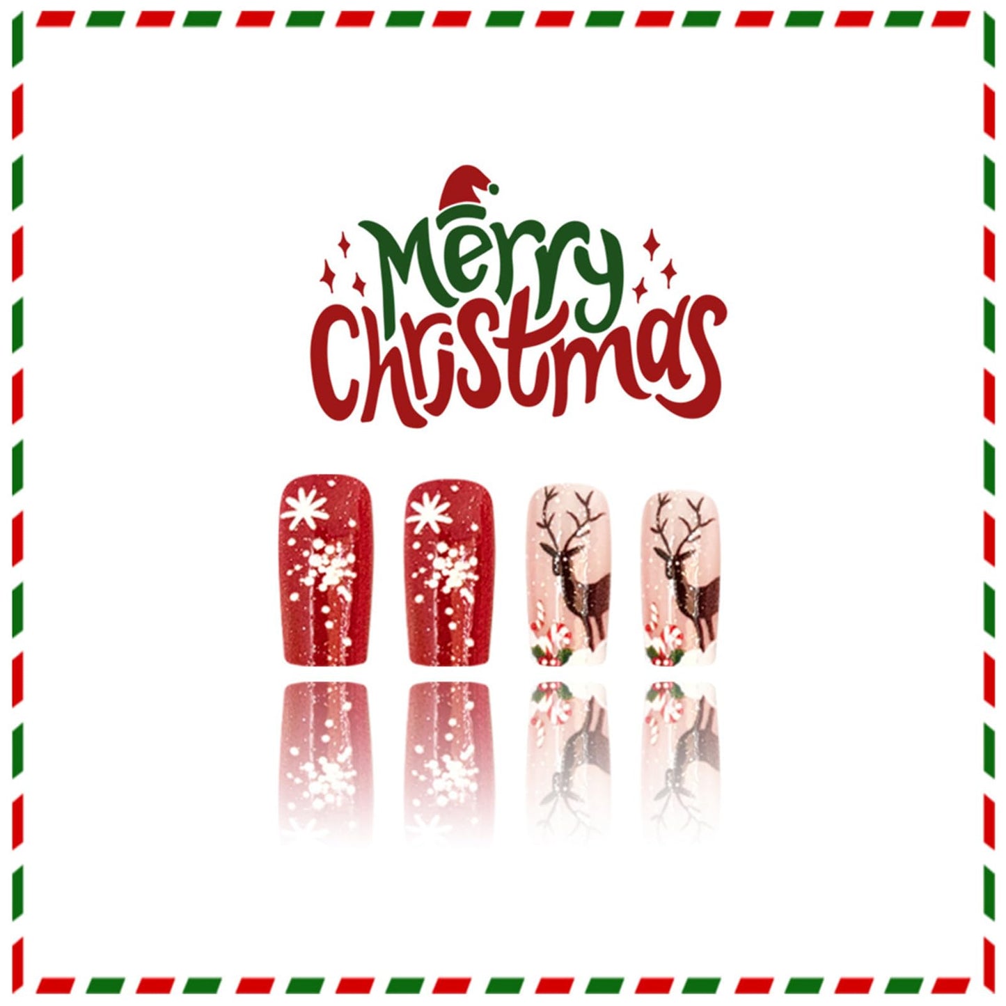 24Pcs Brown Elk Press on Nails Christmas Tree Gel Glue on Nail Christmas Medium Square False Nails Snowflake Stick on Fingernails Glossy Red Stars Acrylic Fake Nail for Women Xmas Gift