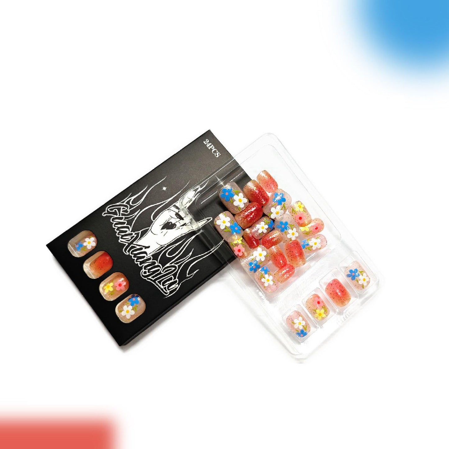 Flower Press on Nails Short Square Fake Nails with Glitter Blending Full Cover Designs Nails Press ons Colorful Glue on Nails Spring Summer Stick on Nails for Women 24Pcs