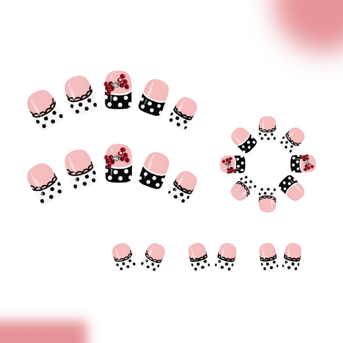 French Tip Press on Nails Short Square Fake Nails with Rhinestones Polka Dot Lace Bow Designs Nails Press ons Black White Glue on Nails Cute Stick on Nails for Women 24Pcs