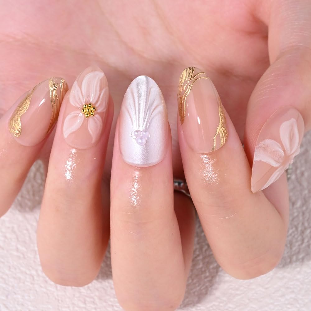 XZMeiLun 3D Pink Flowers Press on Nails Short Almond, Acrylic Fake Nails with 3D Gold Line White Pearls Floral Design, Reusable Glue-On Stick for Flower Fashion Nails for Women
