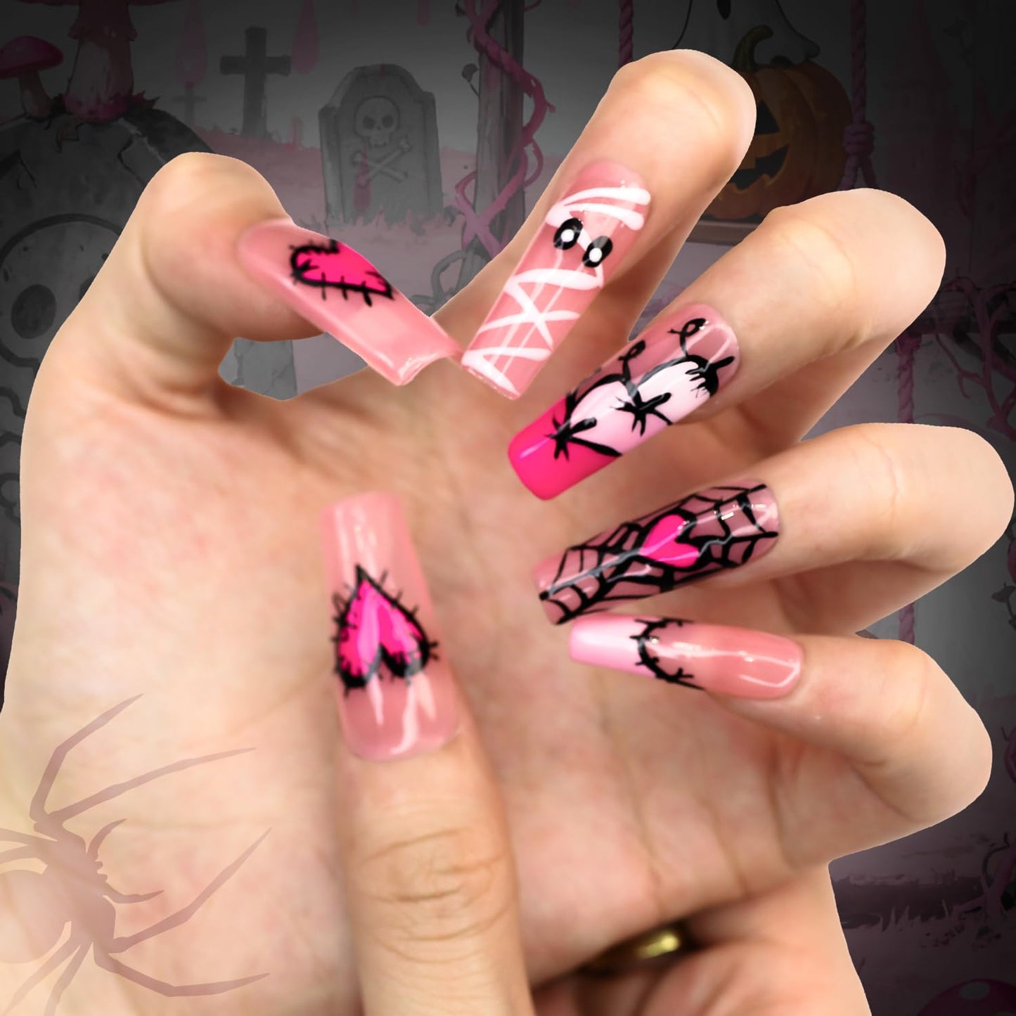 Yacey Halloween Handmade Press on Nails Long Coffin, Spider Web Design Reusable Muti-Gel False Nails Press Ons, French Thick Acrylic Fake Nails, Cute Ghost Glue on Nails for Women Girls (10 Pcs, M)