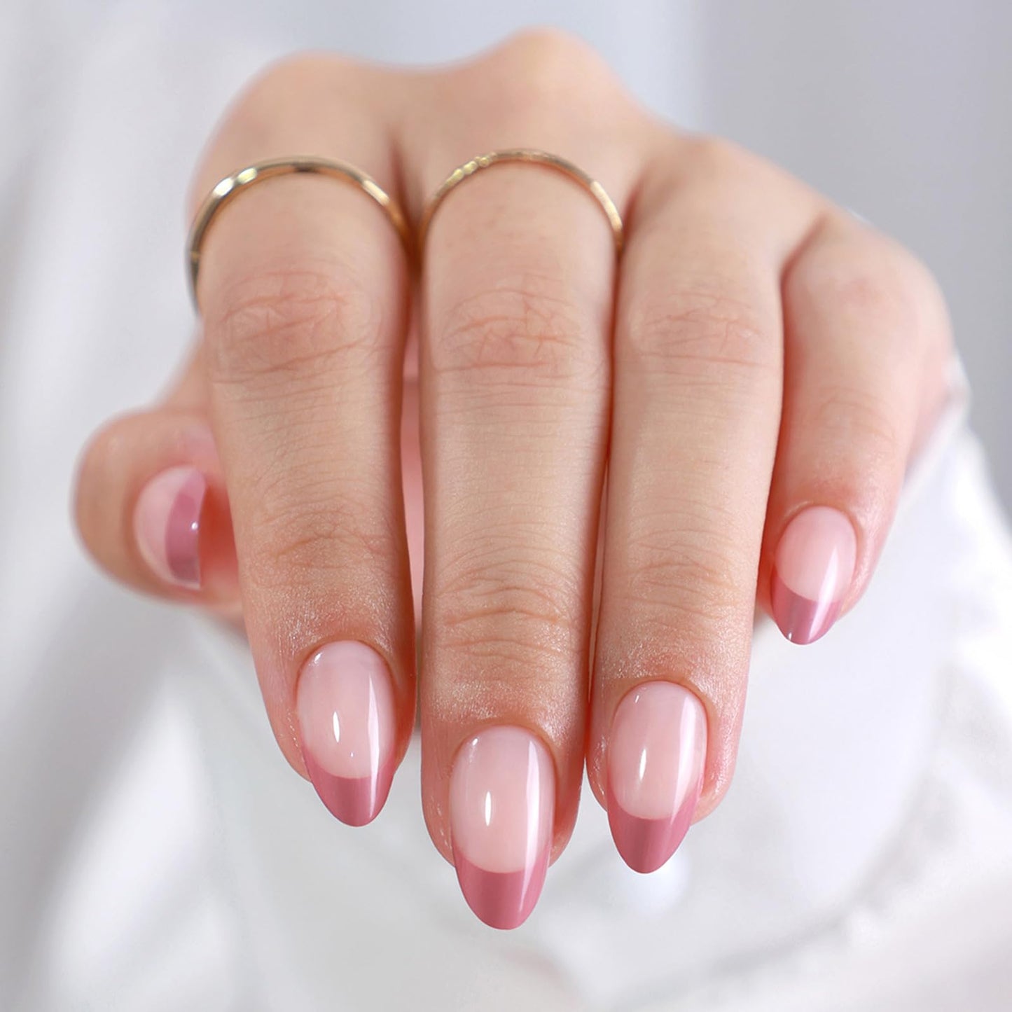 Dusty Rose Press on Nails Short Almond - GJZEZ Soft Gel Spring French Tip Fake Nail Press Ons Gifts for Women, Salon Quality Natural Fit Cute Reusable Faux Nails | 16 Sizes - 32 Pcs, Taffy Deep Pink