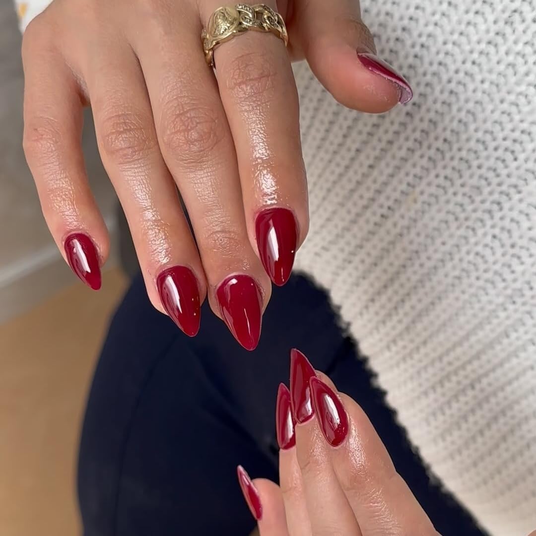 KQueenest Red Press on Nails Short Almond - 30 Pcs Sheer Red Fake Nails Glue on, Thick Acrylic Nails Press ons Stiletto, Salon Quality, Reusable Soft Gel Stick on Nails for Women Finger Decoration