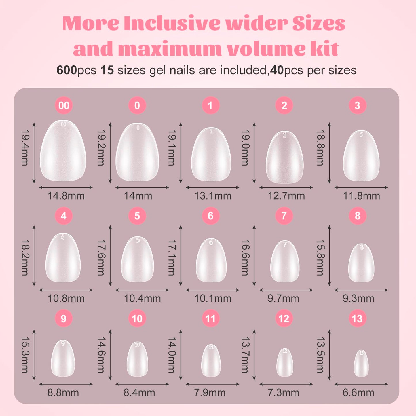 Extra Short Almond Nail Tips, SINOKAME No File Gel Nail Tips with Tip Primer Cover, Almond Clear Gel Press on Fake Nails Short for Nail Extensions,600Pcs 15 Sizes