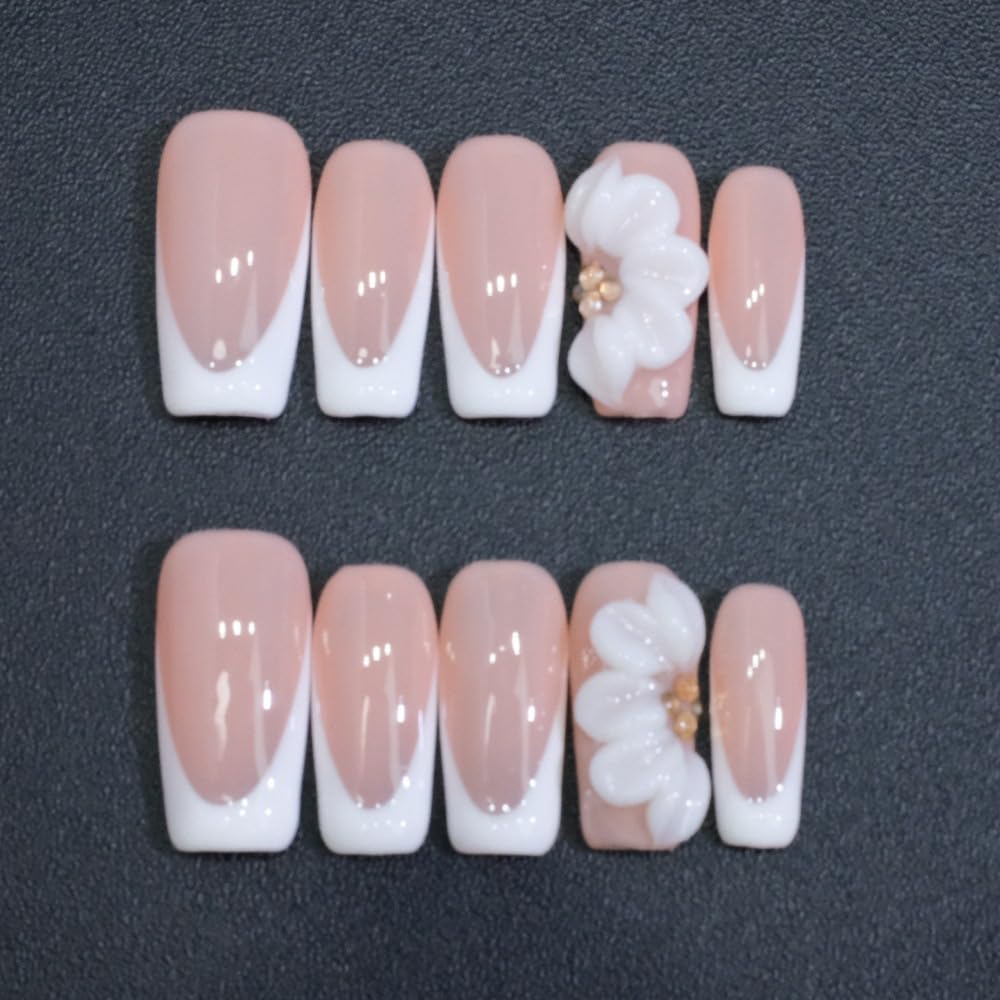 White French Tip Handmade Press on Nails Medium Square Fake Nails Muti-Layer Gel False Nails with 3D Flower Rhinestones Designs Thick Acrylic Nails Full Cover Stick on Nail for Women Nail DIY (Size S)