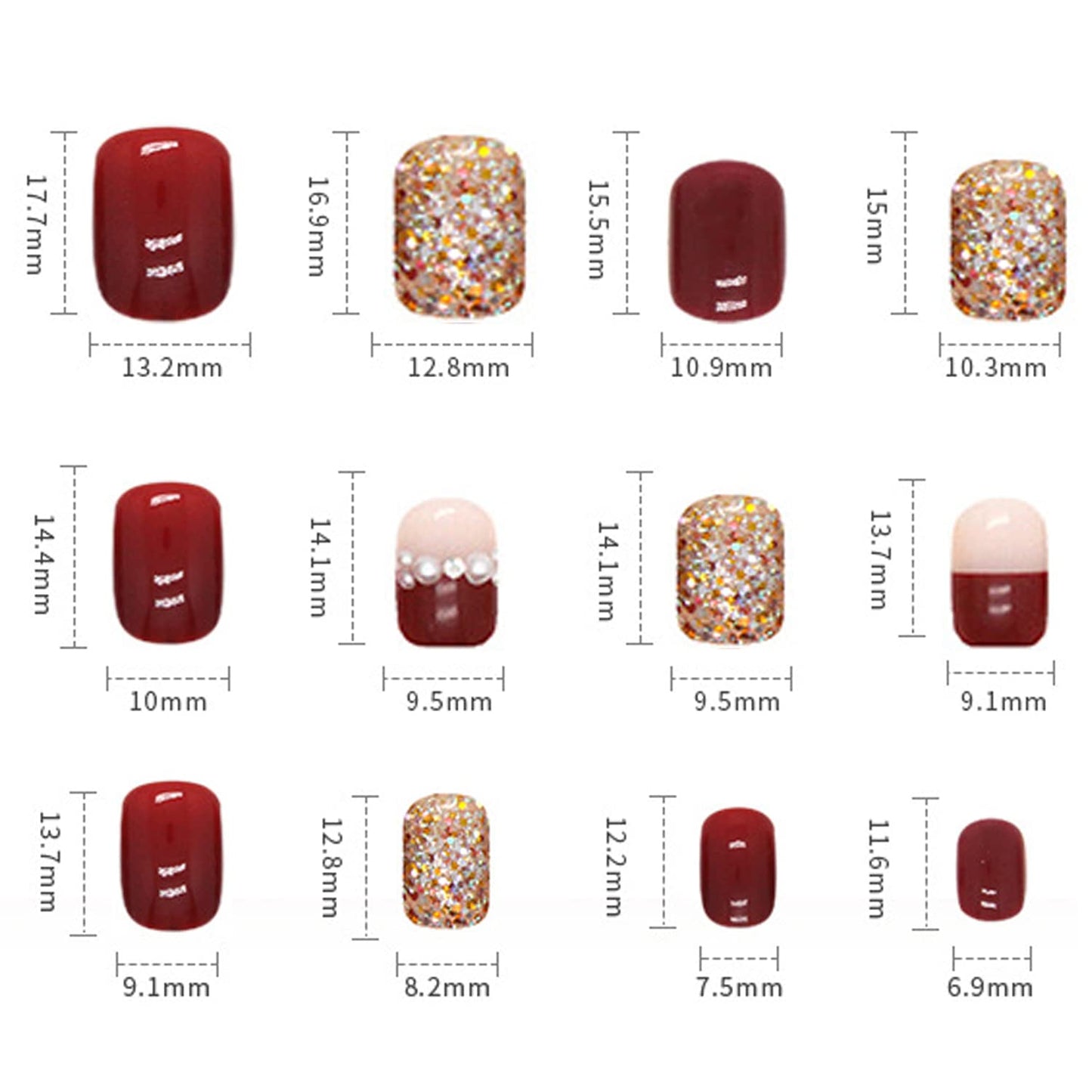 Press on Nail Short Square Length, 24Pcs Full Cover Reusable False Nails Kits, Glue On Nails with Glitter Pearl Designs, Artificial Fingernails Acrylic Fake Nails for Women Stick on Nails Coffin Shape