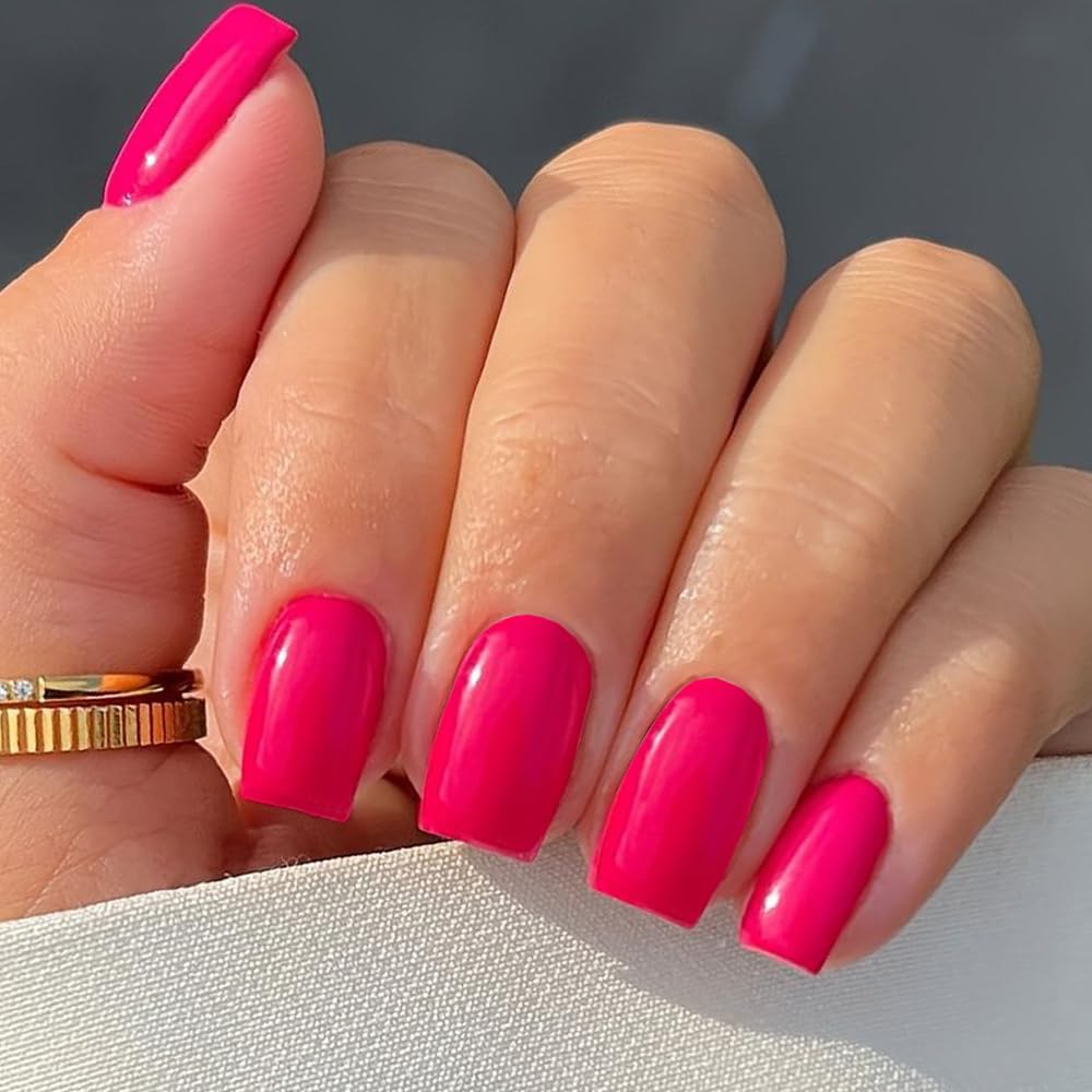 GLAMERMAID Gel Nail Polish Press on Nails Short, Handmade Hot Pink Fake Nails Medium Square, Handmade Burgundy Short Almond Fake Nails Coffin with Star Glitter Design, Reusable Acrylic False Nail