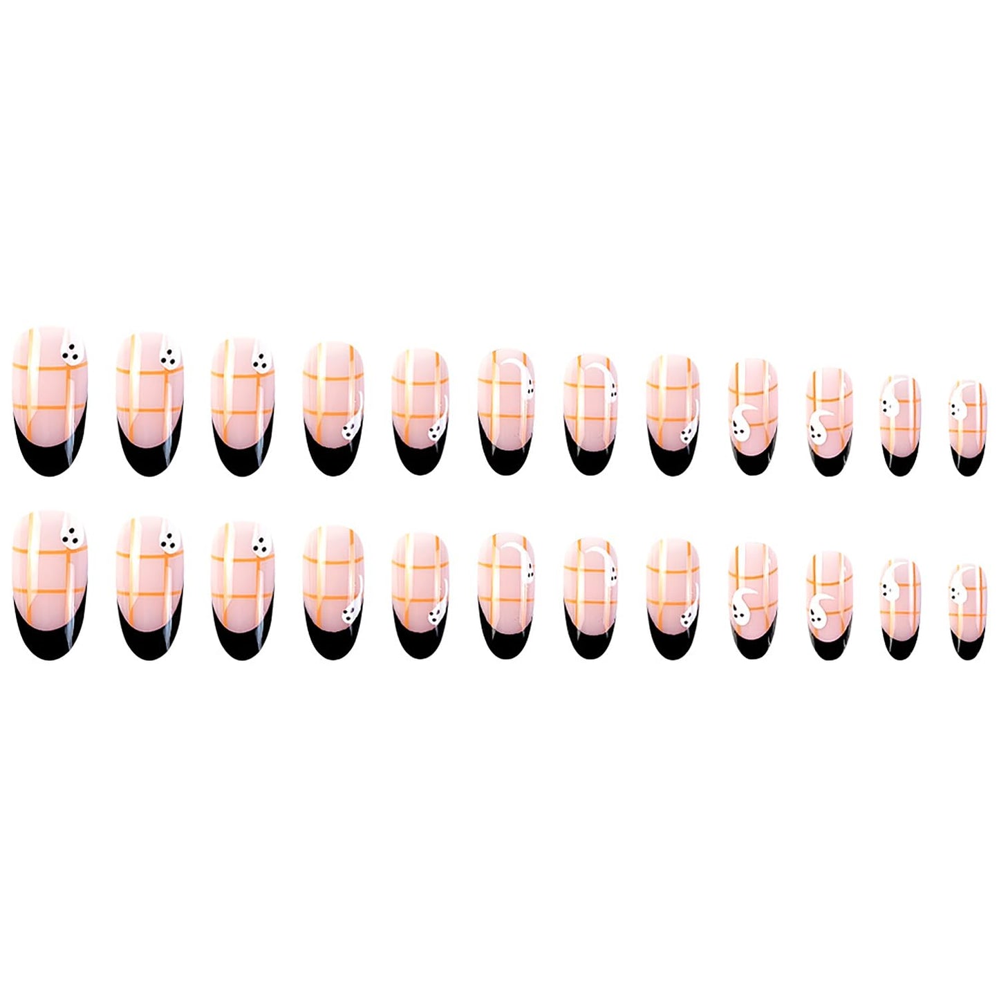 24 Pcs Halloween Press on Nails Almond Medium Fake Nails French Tip Halloween False Nails with Cute Ghost Grid Design Artificial Nails Press ons Full Cover Holiday Stick on Nail for Women Girls