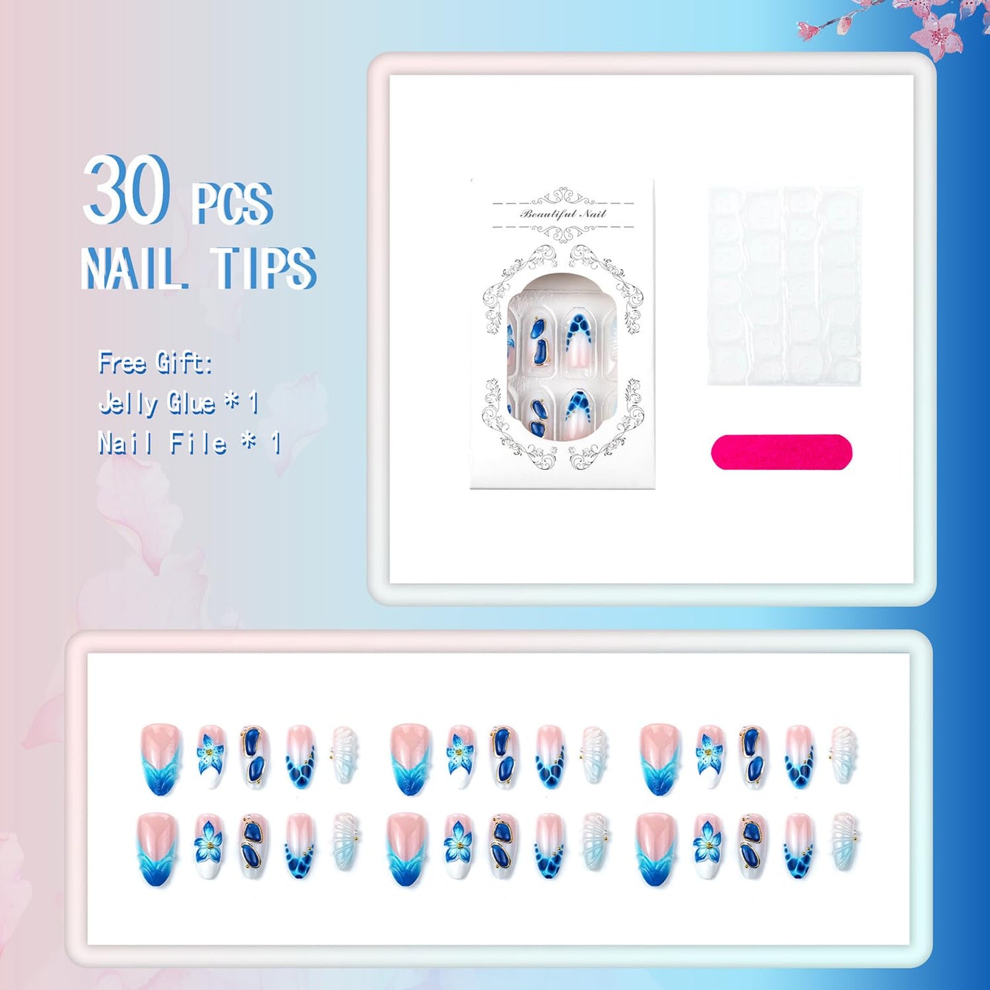 Summer Press On Nails Medium Almond Fake Nails French False Nails With Blue Floral Gold Pearl Design Reusable Acrylic Nail Press Ons Glossy Stick On Nails Full Cover For Women Manicure 24Pcs