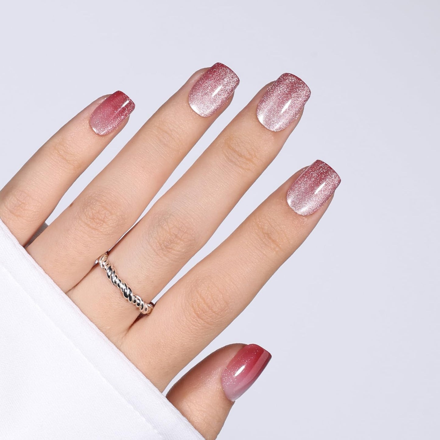 Pink Cat Eye Press On Nails - Short Square Ombre Press On Nails Press Ons for Women Pink Fake Nails with Glue, Glossy Reusable Glue on Nail in 15 Sizes - 30pcs