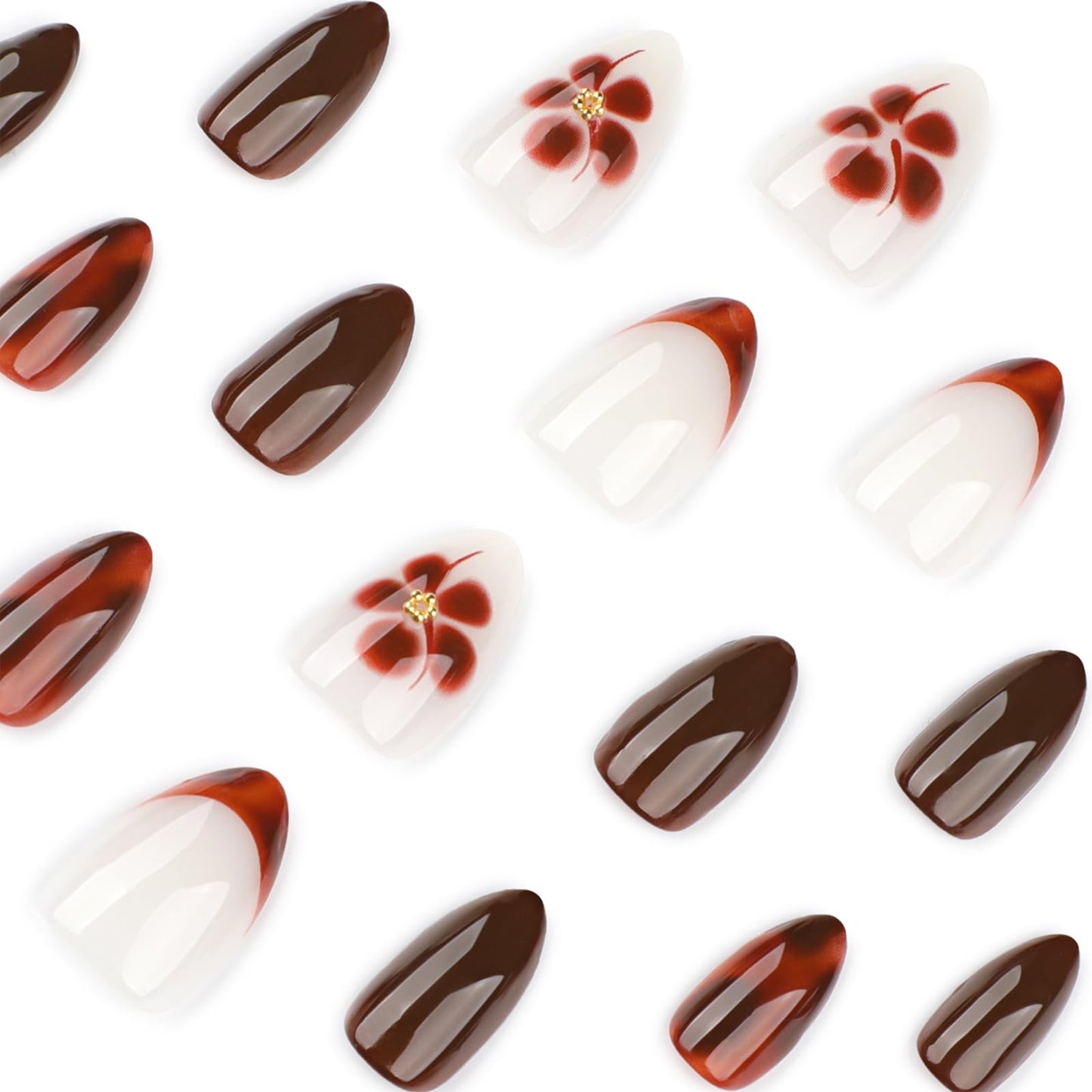 Mivota French Press On Nails Short Almond, Fall Fake Nails Adorned with Black and Burgundy Petal Accents, 3D Design, Glossy Gel Finish Acrylic Nails, Reusable Glue On Nails for Women, 24Pcs