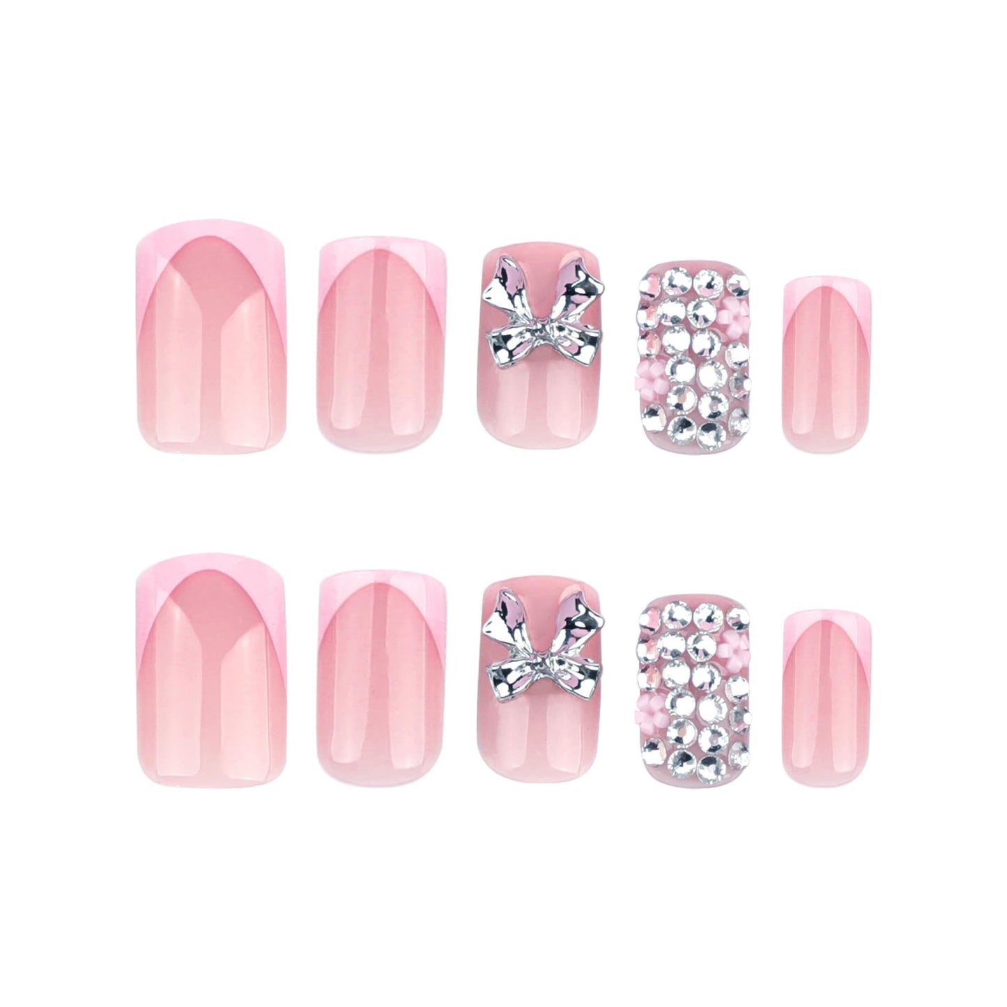 Short Press on Nails Square - Pink French Tip Fake Nails with Silver Bow Design - Rhinestone, Glossy Full Cover Stick on False Nails - for Women 24 Pcs
