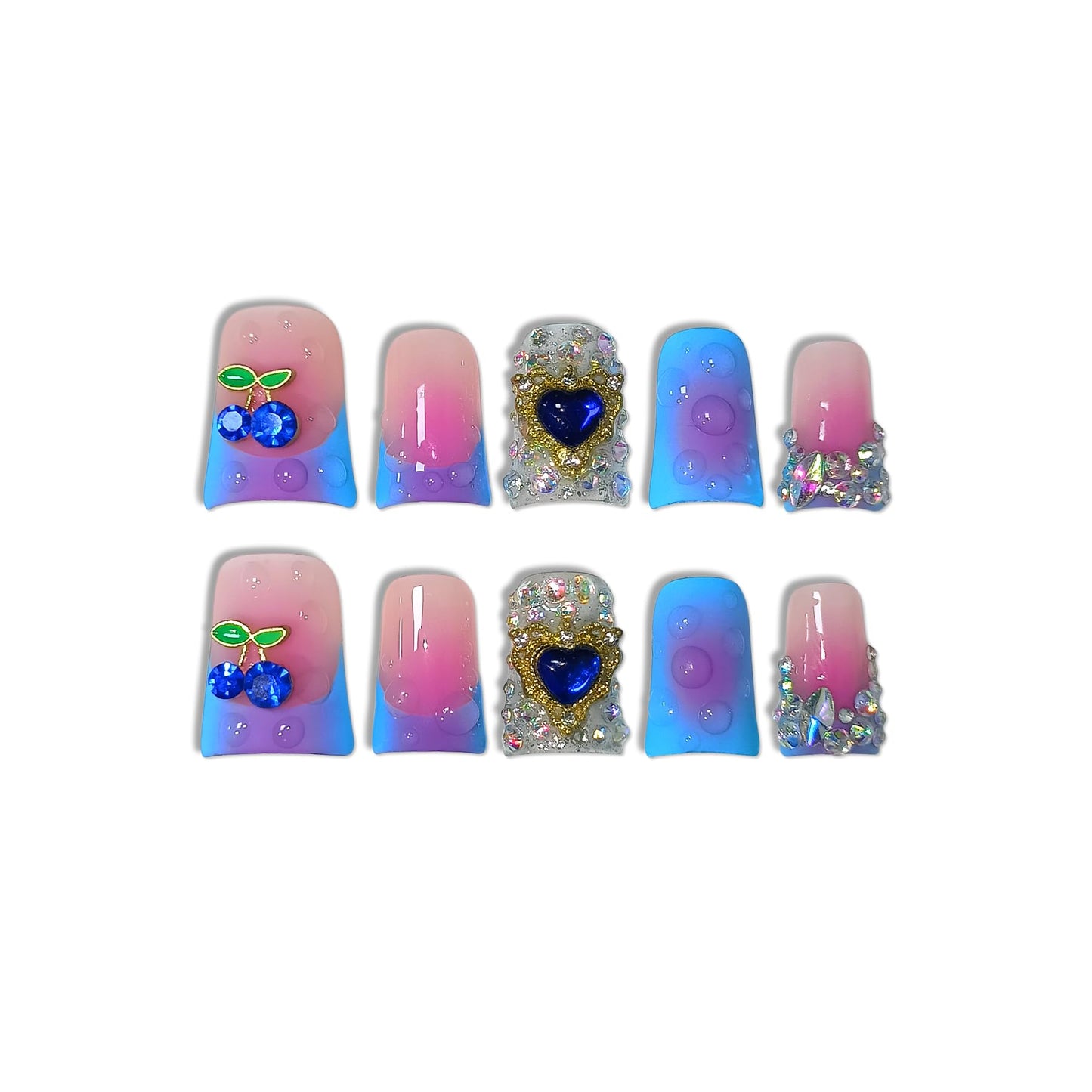 TENPAL Handmade French Tips Press on Duck Nails Kits - Icy Blue Purple Ombre Duckbill Nails with 3D Cherry Design, Acrylic Glossy Y2K False Nails for Women Girls Daily Parties(L)
