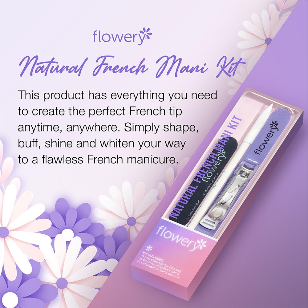 Flowery Natural French Manicure Kit – with Nail Clipper, File, Buff & Shine Block, White Pencil – DIY Home Nail Care Kit for Women and Men