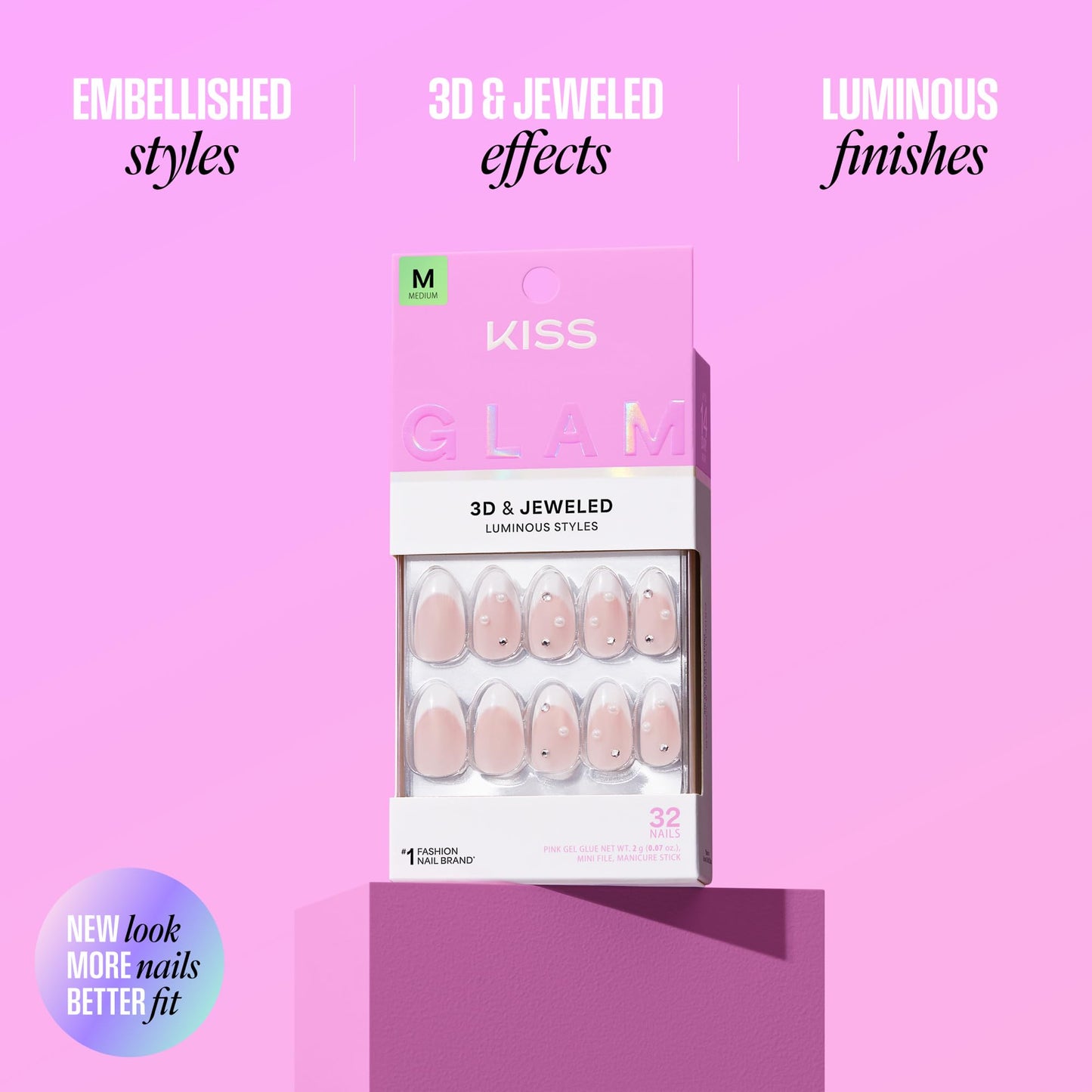 Kiss Glam, Press On Nails, Nail glue included, 'Applause', White, Medium Size, Almond Shape, Includes 32 Nails, 2g Glue, 1 Manicure Stick, 1 Mini File