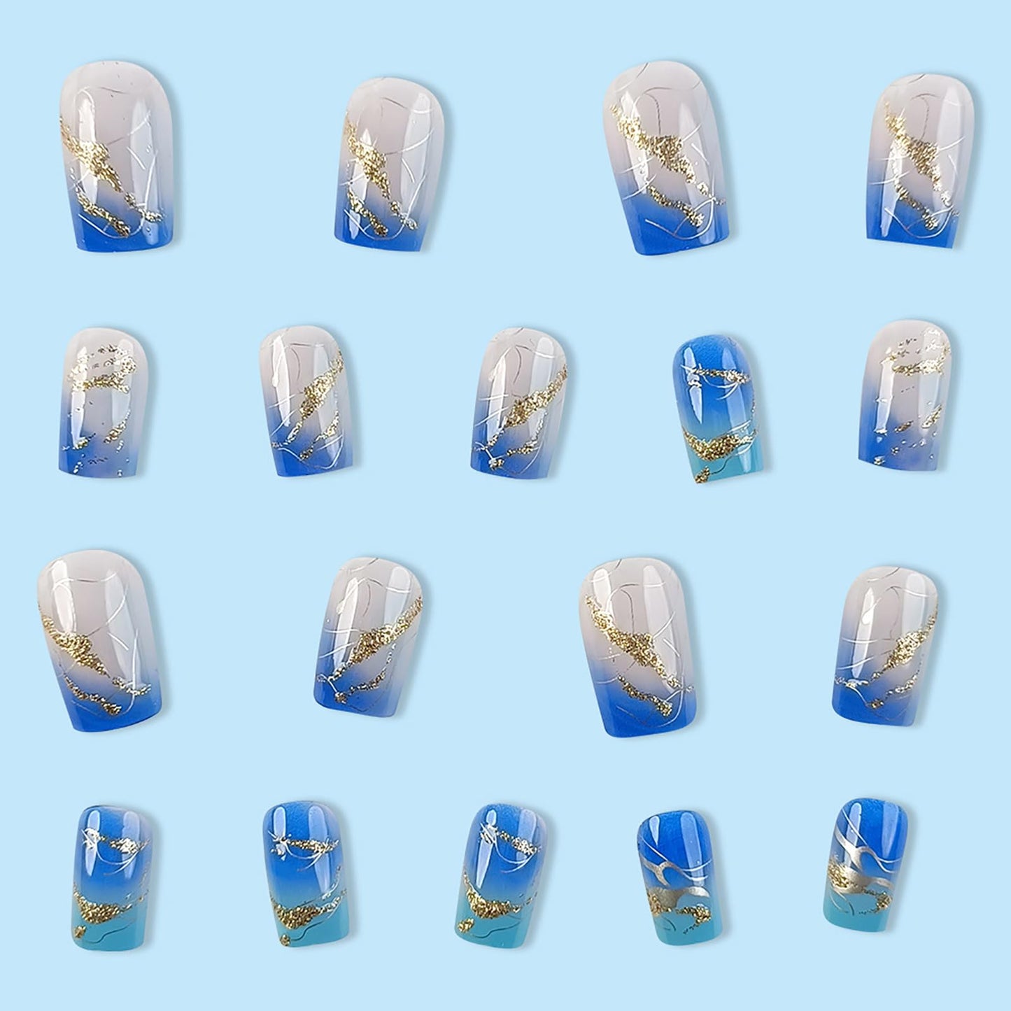 24Pack Medium Press on Nails Nails Square Fake Nails RTKFZE Medium Long Acrylic Nails with Gold Thread Fake Nails Glitter Ombre Nails Gel Nails Full Coverage Nail Stickers for Women Manicure