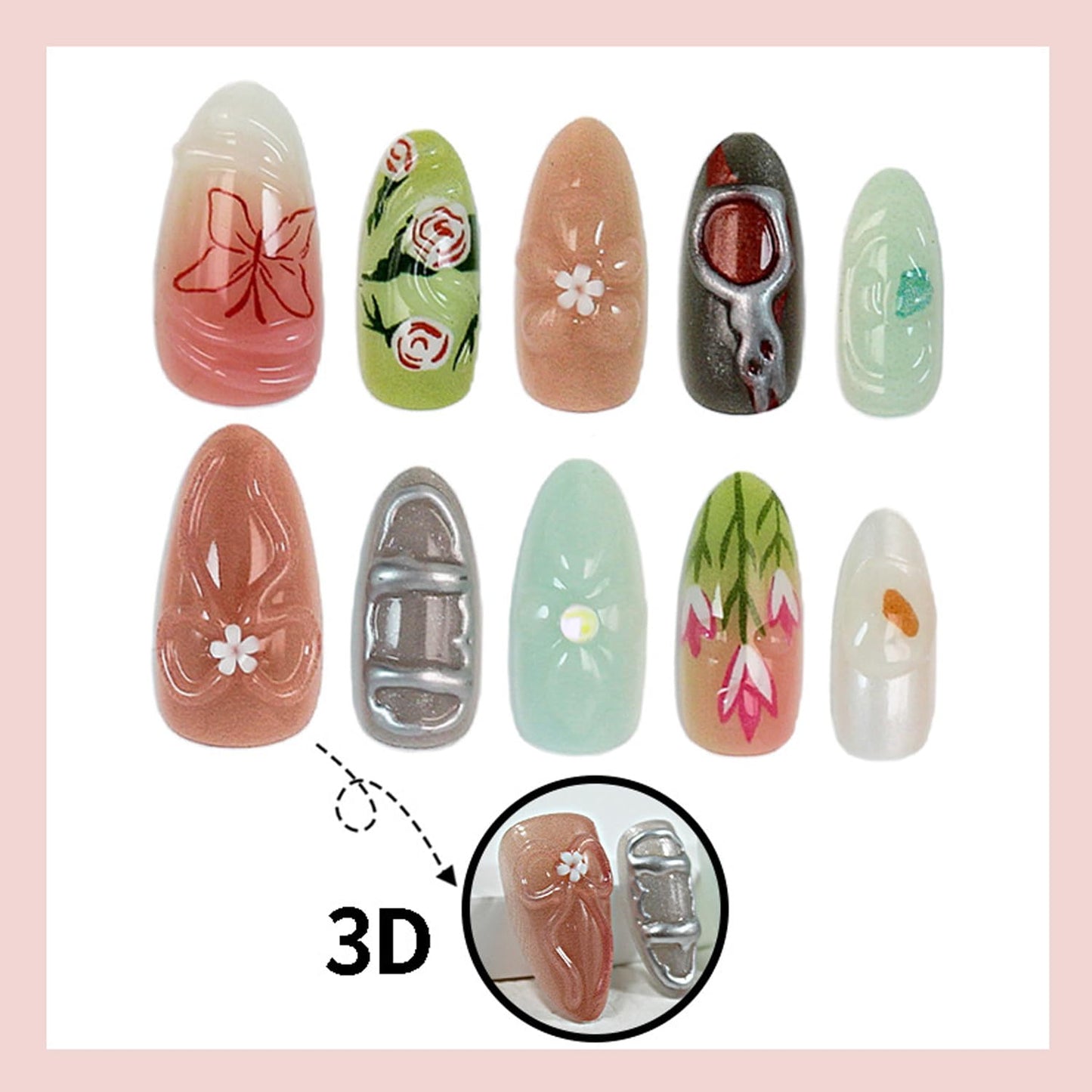 30Pcs Flower Press on Nails Medium Almond Fake Nails with 3D Rhinestone Designs Rose Tulip Floral False Nails Chrome Silver Glue on Nails Glossy Full Cover Cute Butterfly & Bow Acrylic Nail for Women
