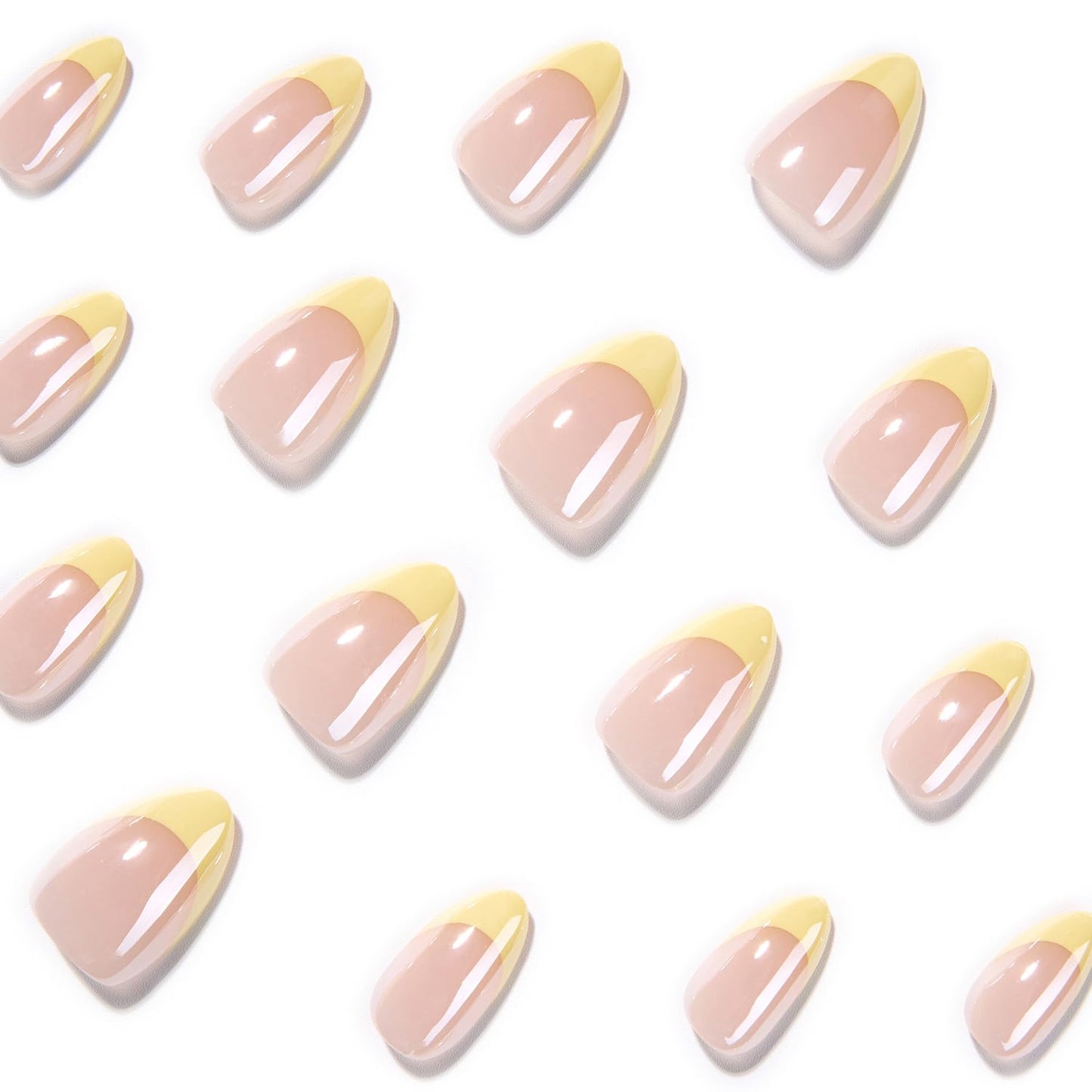 Yellow French Press On Nails Short Almond Fake Nails Chrome French False Nails Reusable Acrylic Nail Press Ons Glossy Glue Stick On Nails Full Cover For Women Manicure 24Pcs