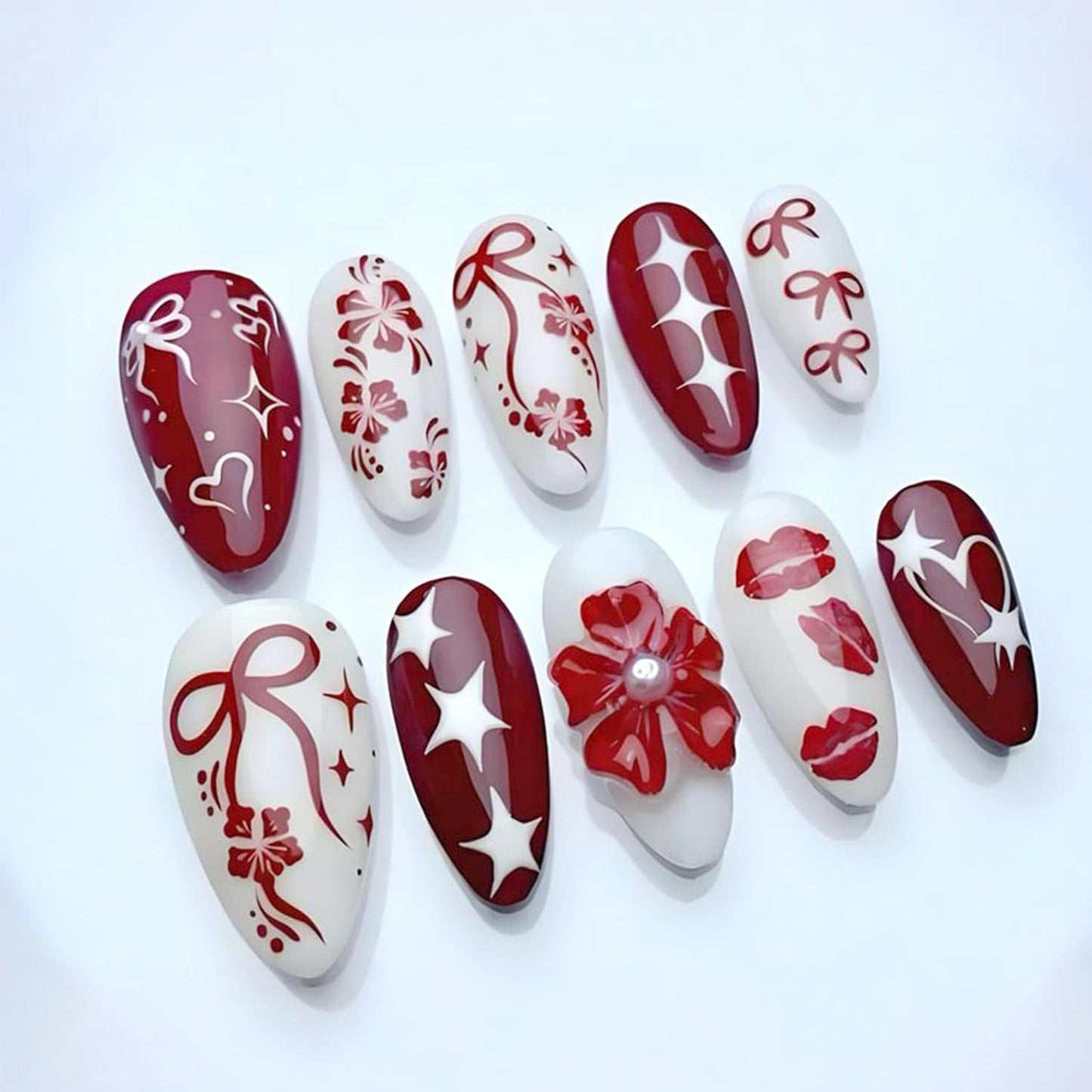30Pcs Red Press on Nails Almond Medium Fake Nails with 3D Star Bow Flower Lip Design French Acrylic Nail Tip Glossy Full Cover Artificial Nails for Women DIY Manicure Supplies Daily Wear