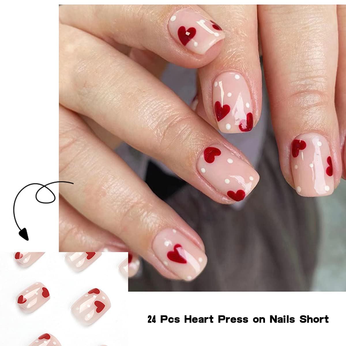 Heart Press on Nails Short Length Red Hearts Fake Nails Valentine's Fake Nails Stick on Nails Heart Full Cover False Nails with Design for Women Girls Valentines Short Acrylic Nails Supply 24Pcs