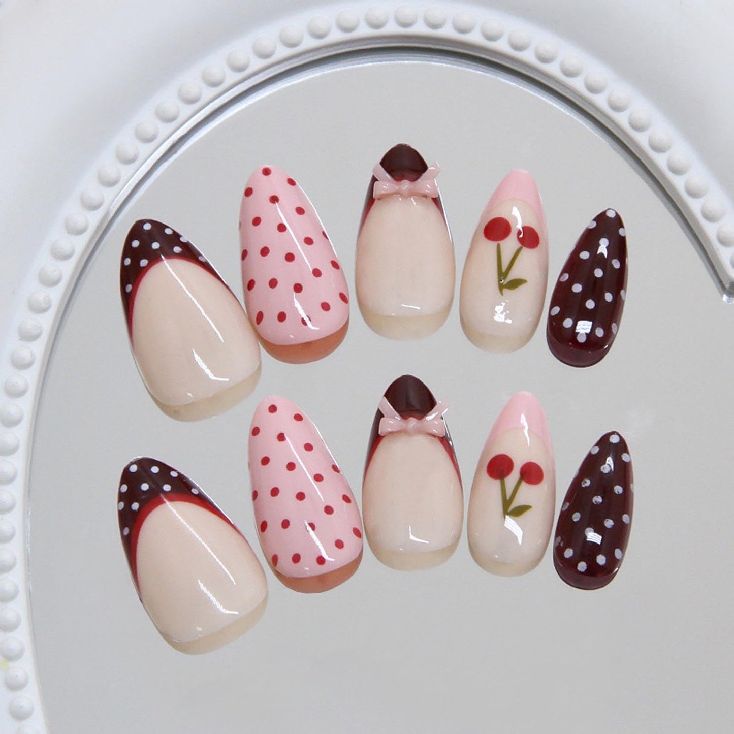 30Pcs Cute Pink Press on Nails Short Almond Fake Nails with French Polka Dot Bow Cherry Pattern Design Nude Glossy Red French Nails Tip Full Cover Artificial Nails for Women DIY Nails Daily Wear